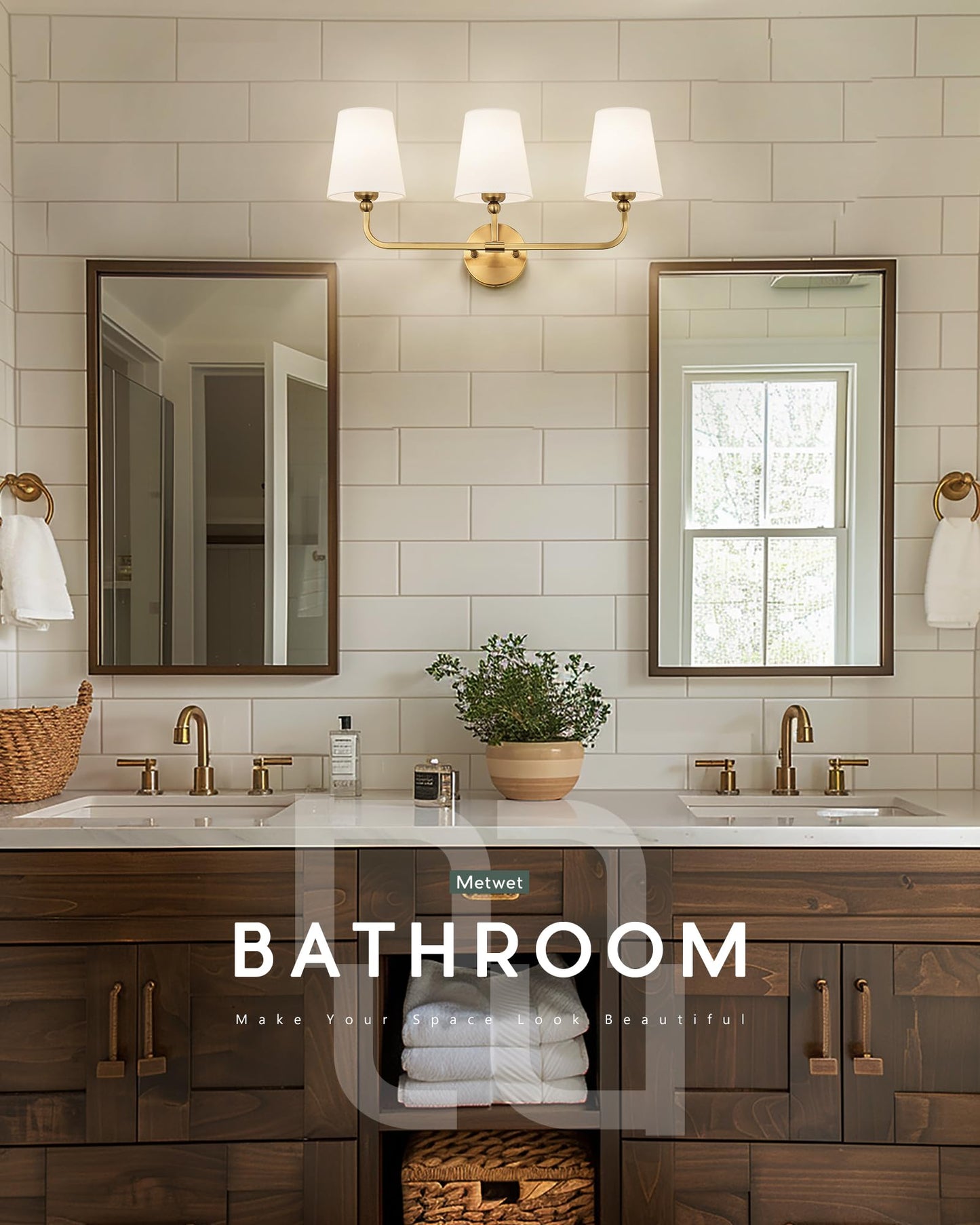 METWET Bathroom Light Fixtures, Brushed Gold Vanity Lights with Flared White Fabric Shade, 3 Light Wall Sconce, Modern Sconces Wall Lighting for Hallway Bedroom, VL837-BG-3