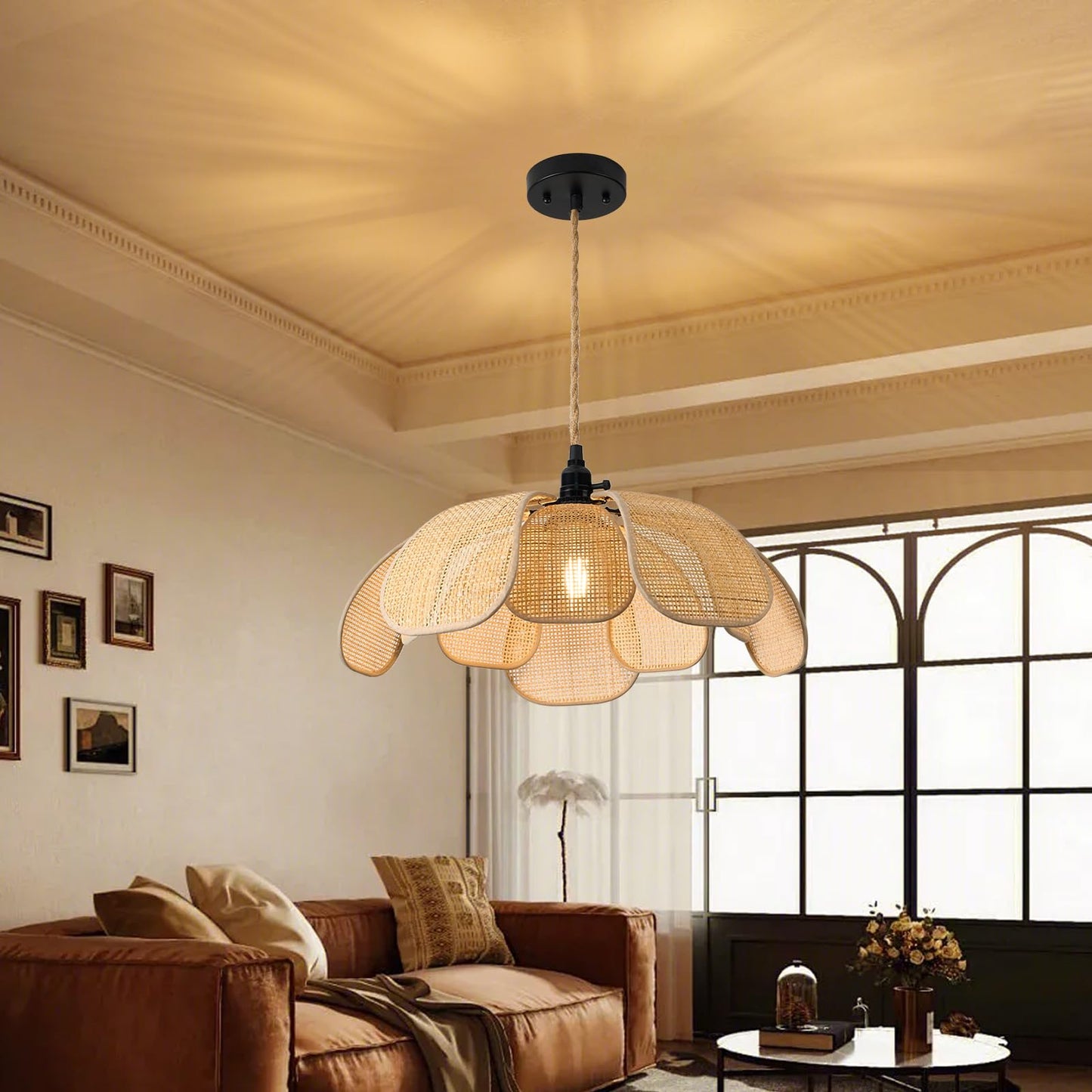 Boho 20 Inch Rattan Chandeliers Flower Hanging Lights Hemp Rope Flower Pendant Lights Handwoven Lampshade Ceiling Hanging Lamp Fixture for Bedroom Kitchen Island Dining Room Living Room
