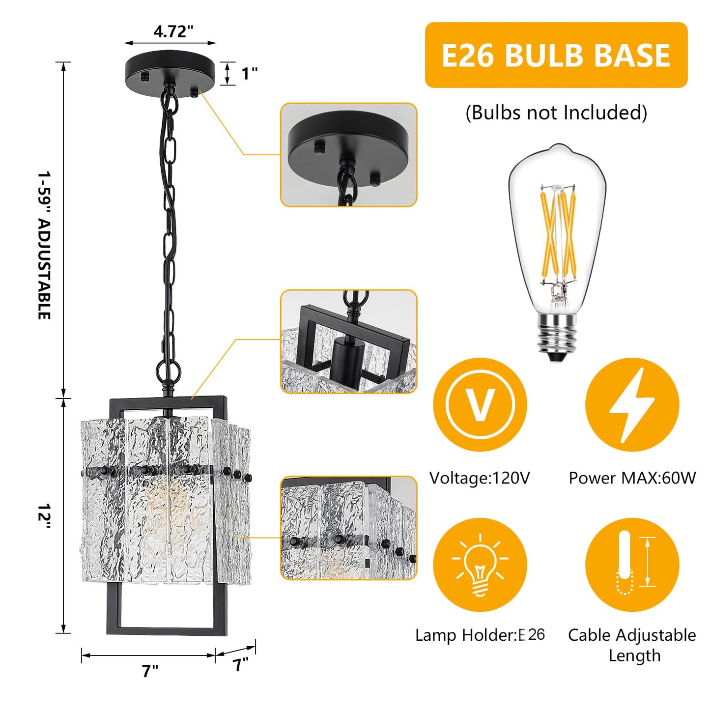 Modern Black Pendant Lights Kitchen Island, Crystal Kitchen Island Lighting with Water Ripple Glass Pendant Light Fixtures Elegant Chandeliers for Dining Room Hallway, Height Adjustable UL Listed