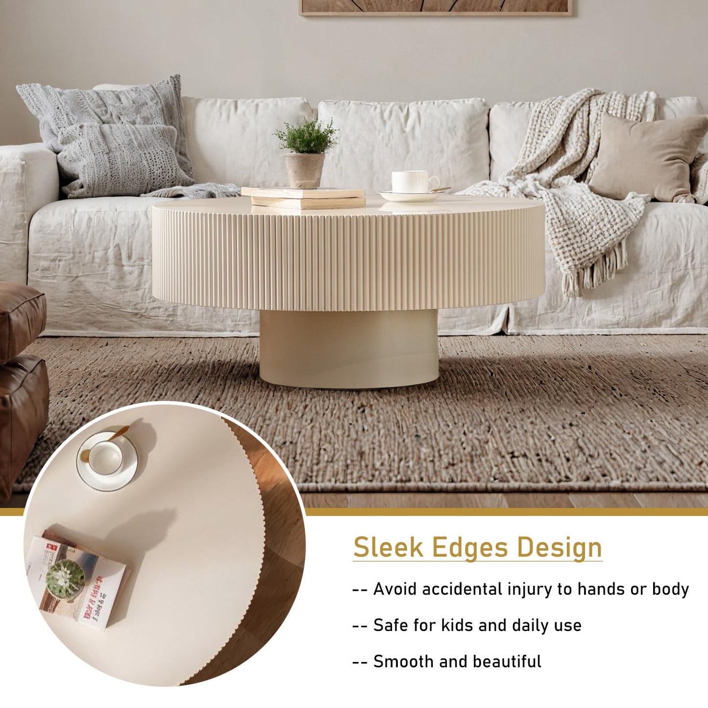 Round Drum Coffee Table 30.91" Handcrafted Fluted Drum Coffee Table Mid Century Accent Tables Modern Luxury Circle Center Table Vintage Farmhouse Center Table for Living Room (White Thick)
