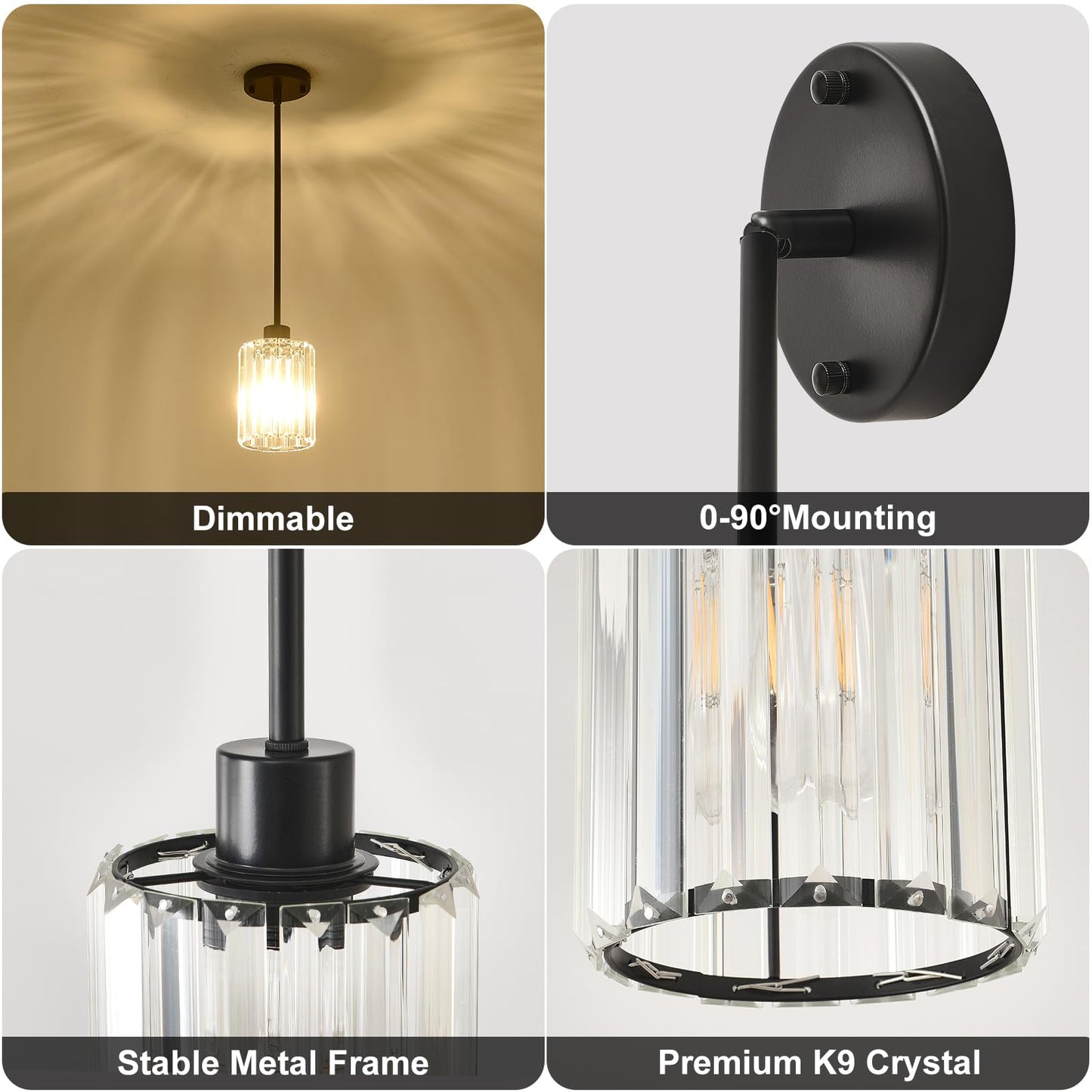 GZJunYo Black Pendant Light Fixtures, 3 Pack Modern Mini Crystal Kitchen Pendant Lighting Over Island, 1-Light Pendant Lights for Kitchen Island, Dining Room, Hallway, Foyer, Entryways