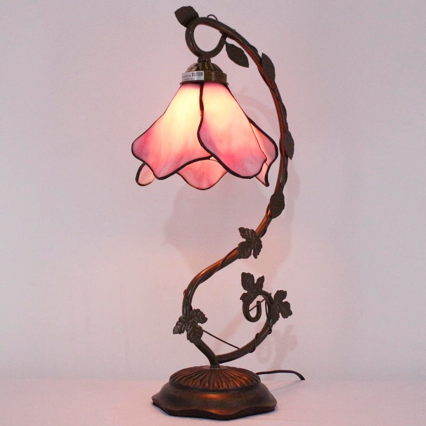 WERFACTORY Tiffany Lamp Pink Stained Glass Table Lamp, Metal Leaf Table Desk Reading Light 8X10X21 Inches Decor Small Space Bedroom Home Office S701 Series