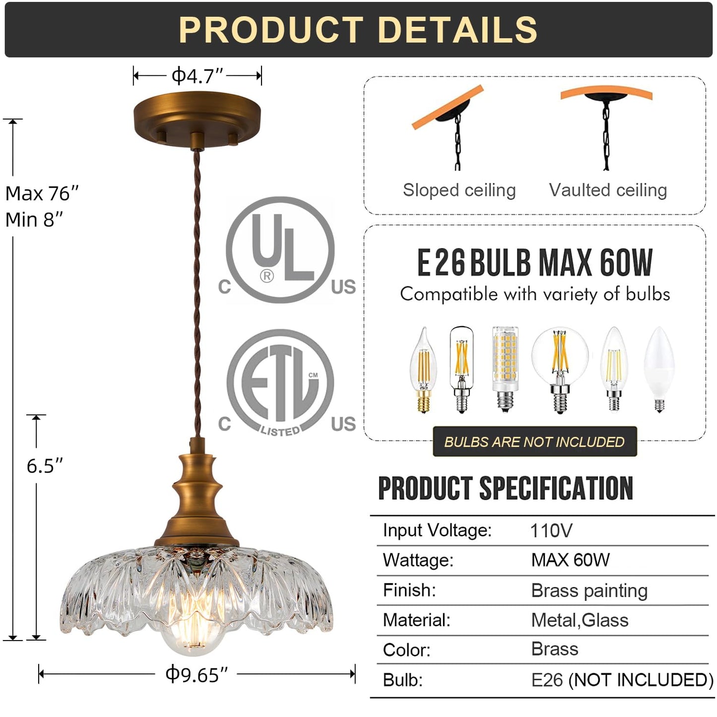 Vintage/Antique Brass Glass Pendant Light Fixture Over Sink/Table for Kitchen Island,Farmhouse Gold Hanging Pendant Chandelier for Bedroom Hotel Dining Room