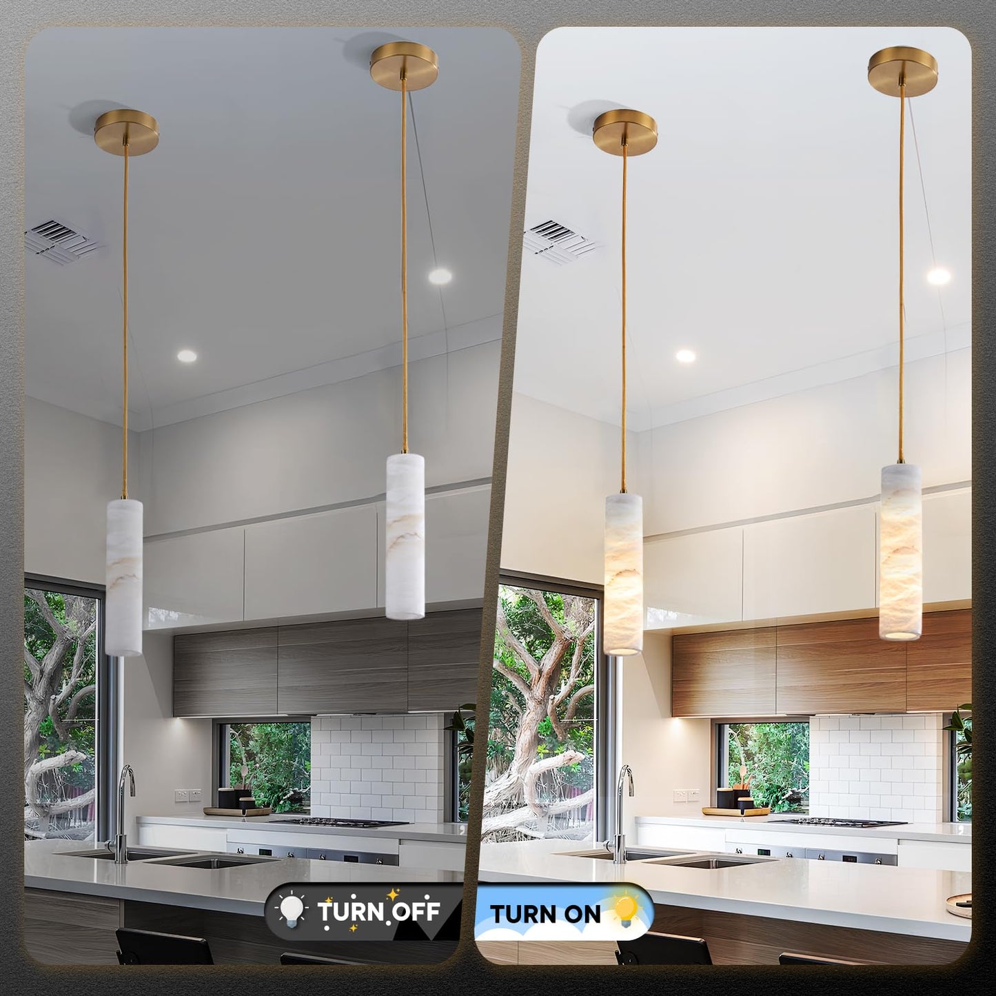 eccuslon Natural Alabaster Pendant Lights for Kitchen Island Alabaster Chandelier Marble Shade Brass Cone Lighting Fixtures White Marble Long Tube for Bedroom Dining Room Living Room 2pack