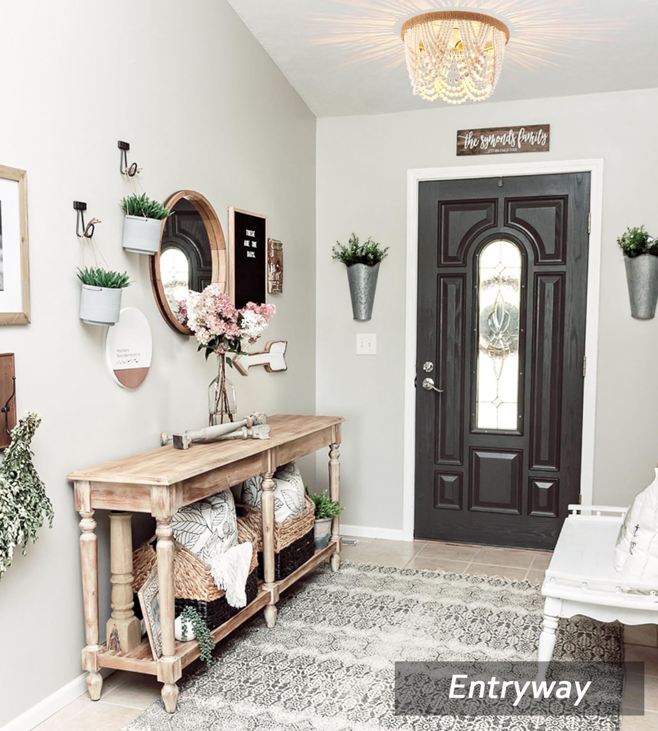 Capslpad Wood Beaded Flush Mount Ceiling Light Antique Rustic Mini Chandelier 3-Light White Boho Light Fixture for Dining Room,Nursery Room,Bedroom,Girl Room,Hallway,Entryway,Passway