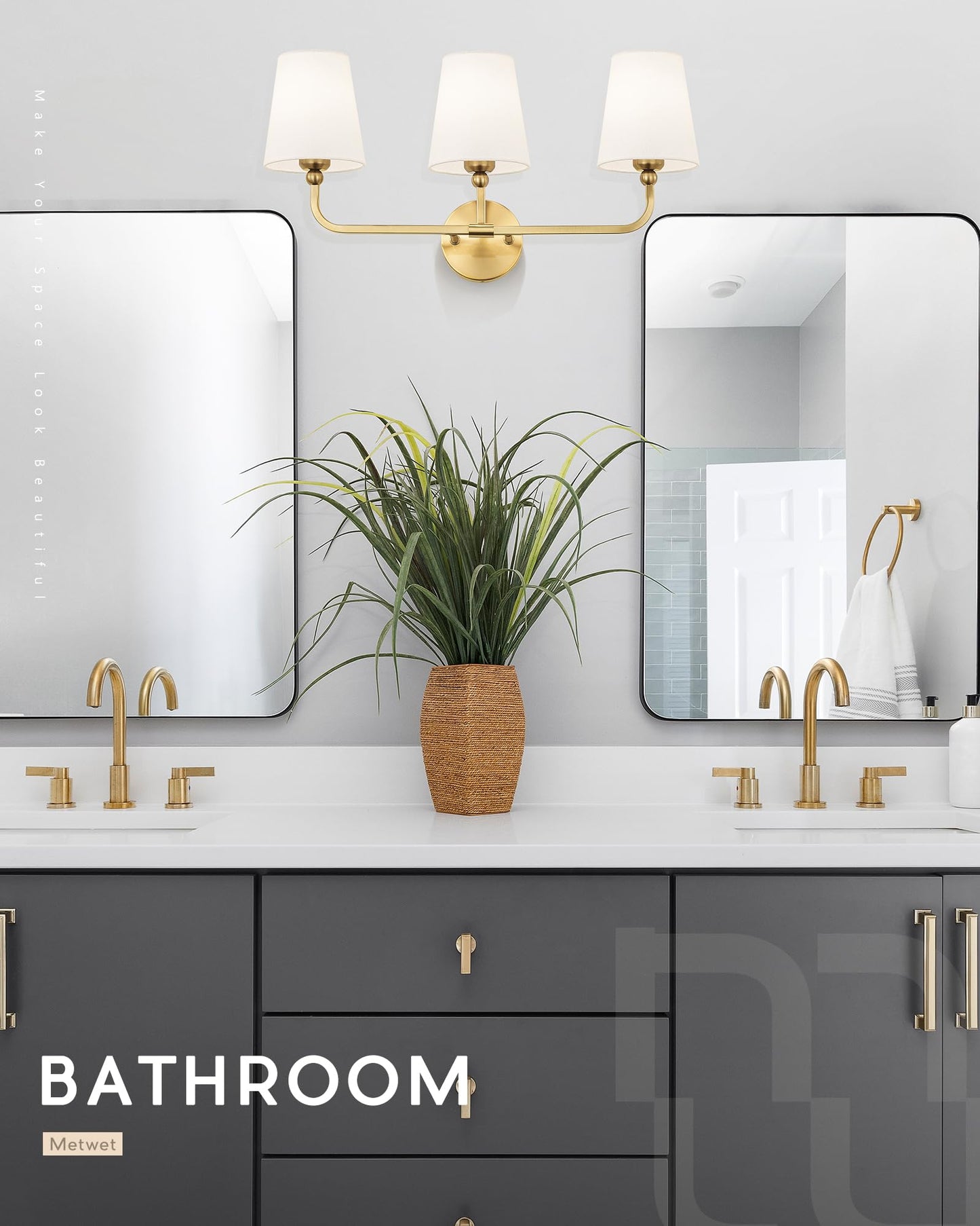 METWET Bathroom Light Fixtures, Brushed Gold Vanity Lights with Flared White Fabric Shade, 3 Light Wall Sconce, Modern Sconces Wall Lighting for Hallway Bedroom, VL837-BG-3