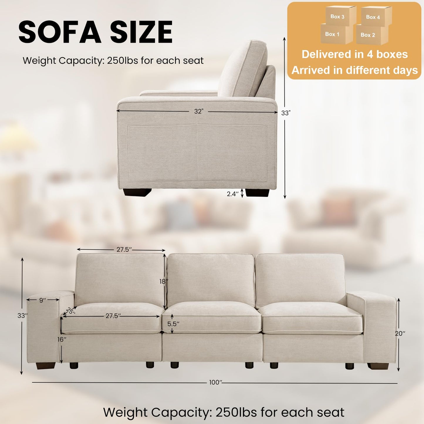 TEKAMON 100" Modular Sofa with Seats Storage, Comfy 3-Seater Chenille Fabric Couch for Living Room, Office, Apart W/Deep Seat, Wide Arms, Side Pockets, USB, Upholstered Couch W/Removable Cover