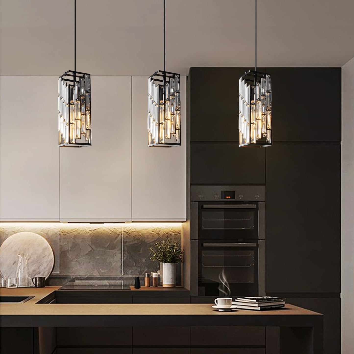 FDPBY Black Pendant Lighting Modern Pendant Light, Mini Crystal Chandeliers,Adjustable Pendant Light Fixture for Kitchen Island Dinning Room Bedroom (3 Pack)