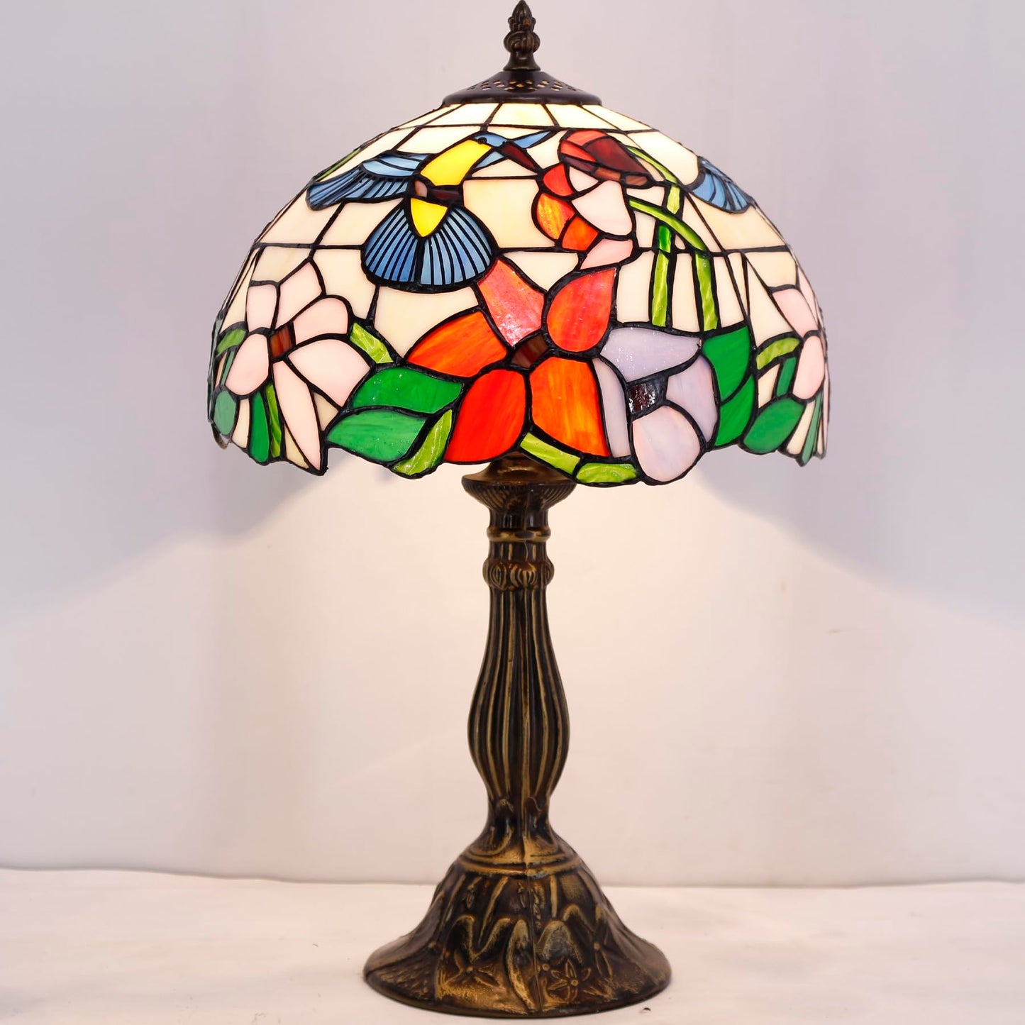 WERFACTORY Tiffany Lamp Stained Glass Lamp Hummingbird Style Bedside Table Lamp Desk Reading Light 12X12X18 Inches Decor Bedroom Living Room Home Office S101 Series