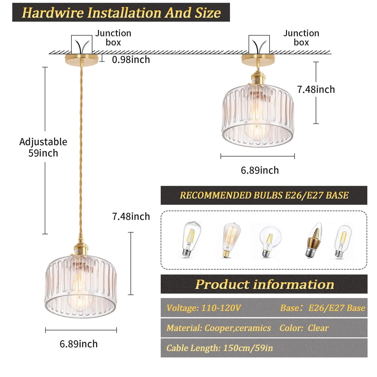 Shenmoyl Pendant Light 2 Pack with Clear Striped Glass Lmapshade, Brass Vintage Pendant Light Adjustable Hanging Light for Kitchen Island Dining Room Hallway