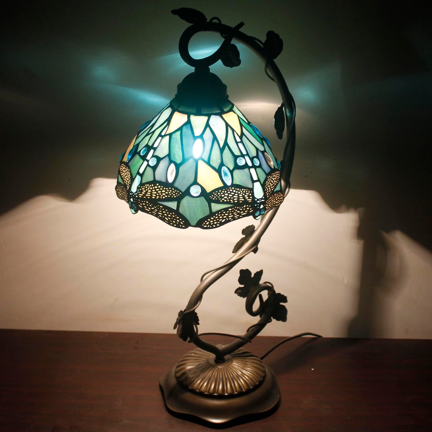 WERFACTORY Tiffany Lamp Sea Blue Stained Glass Dragonfly Style Desk Reading Light, Metal Leaf Table Lamp Base 8X10X21 Inches Decor Small Space Bedside Bedroom Home Office S147 Series