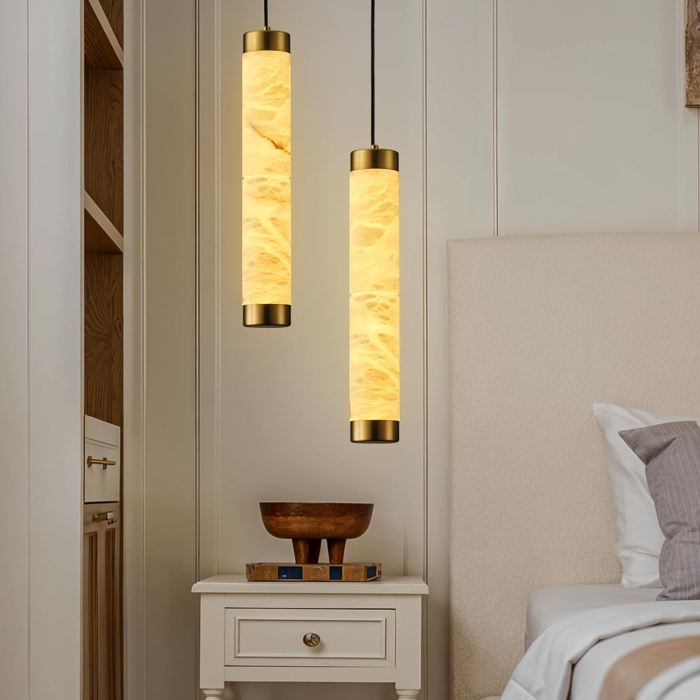 OSRoyce 20" Alabaster Pendant Lights, Natural Marble Cylinder Brass Pendant Light, Adjustable Modern Ceiling Light Fixtures for Kitchen Island, Dining Room, Bedroom, Living Room, Bathroom