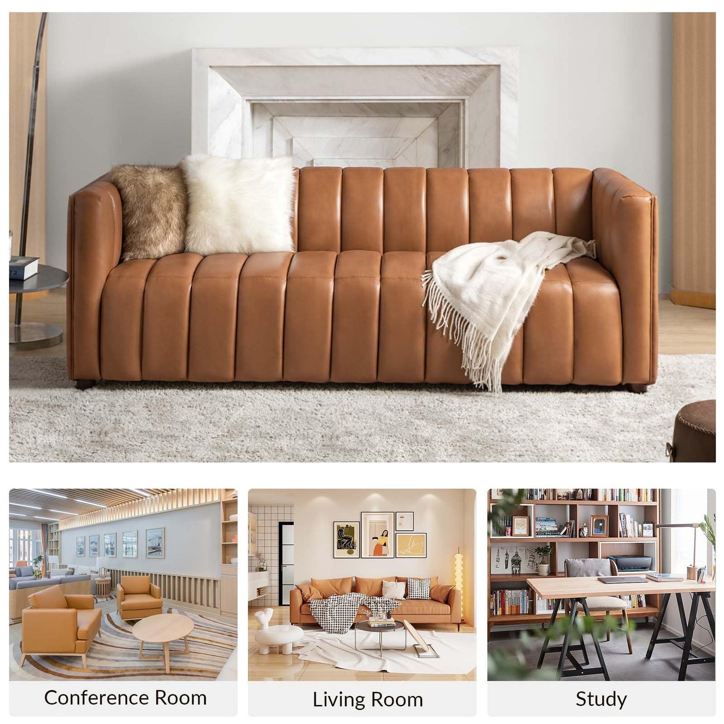 HULALA HOME 83" Genuine Leather Sofa, Sofa Leather for Living Room, 3 Seater Sofa Couch Top Layer Leather Large Sofa Furniture with Channel Tufted Seat Back & Square Arms (Camel)