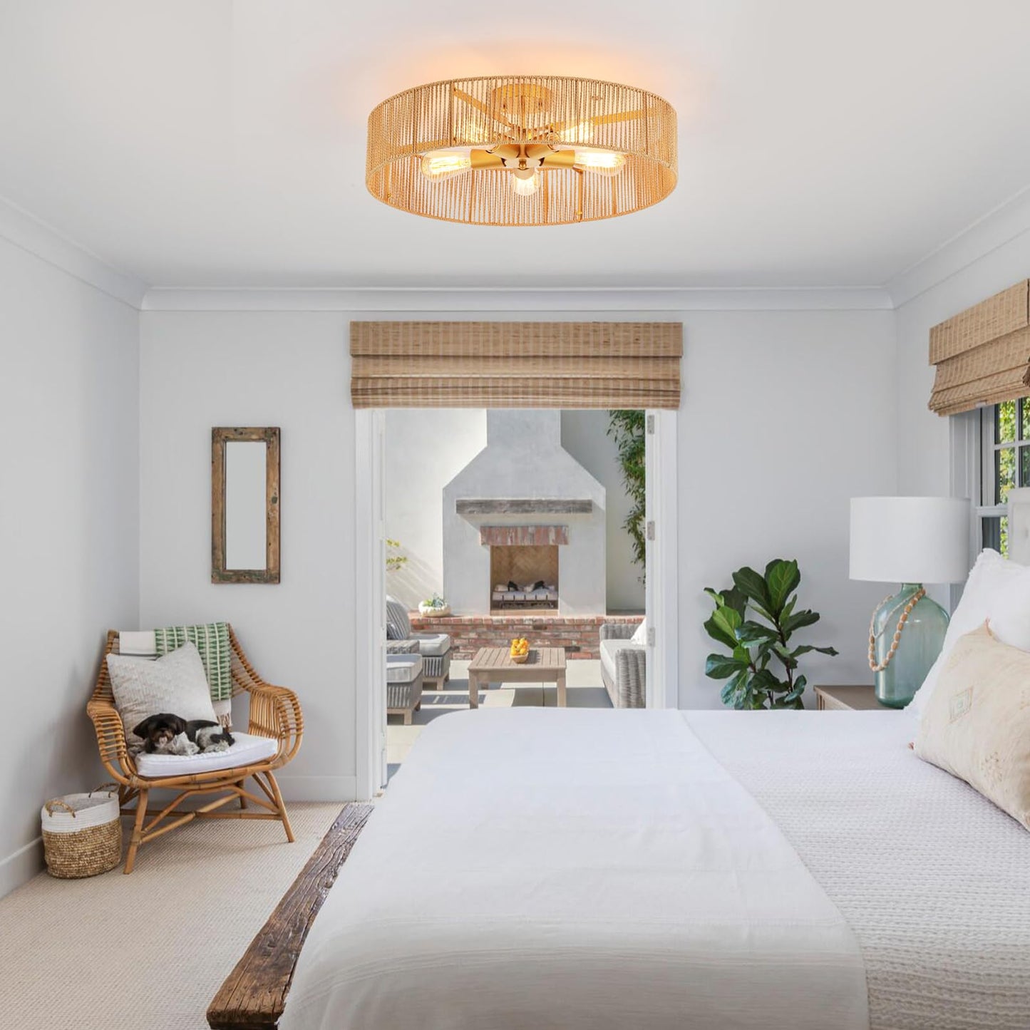 MhyTogn 24" Natural Rattan Flush Mount Ceiling Light Fixture Antique Brass Brush Paint Finish Boho Chandelier for Porch Patio Hallway Bedroom Living Room Kitchen Island 5-Light