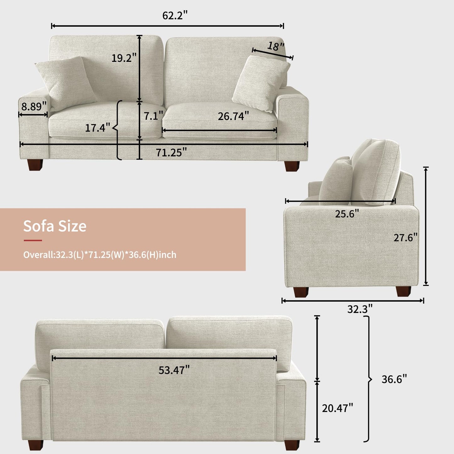 DOPEDIO Modern Loveseat Sofa for Living Room,Chenille Recliner, Removable Cover, Spring Cushions, Solid Wood Frame, Easy Assembly for Small Spaces (71.25inch,Beige)