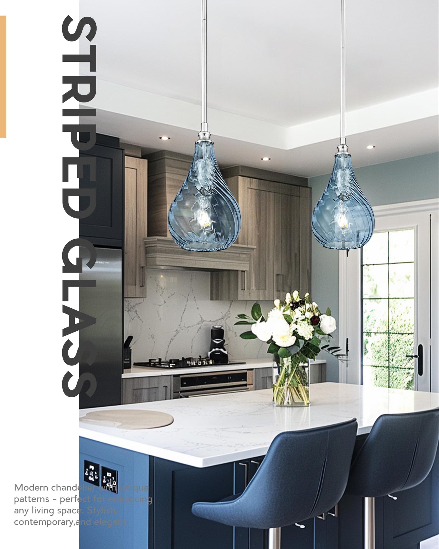 TENGXIN 2 Pack Kitchen Pendant Lighting Over Island 6 Inch,Hanging Pendants Light,Brushed Gold Finished Striped Glass Pendant Light,Farmhouse Pendant Light for Dining Room,Bedroom