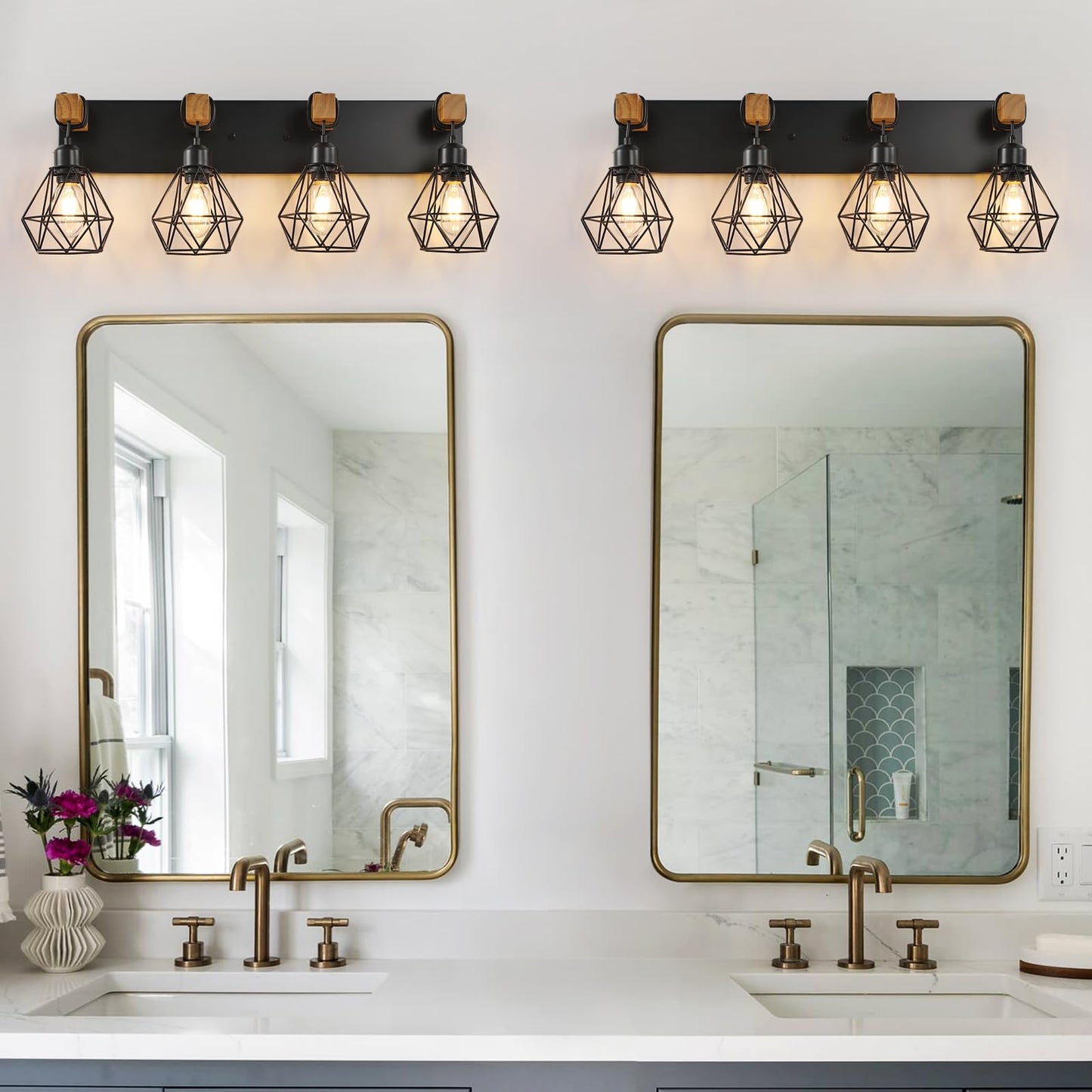 4 Light Farmhouse Vanity Light for Bathroom, Wood Bathroom Vanity Light Fixtures Over Mirror, Rustic Sconces Wall Lighting with Metal Lampshade for Living Room, Bedroom, Hallway