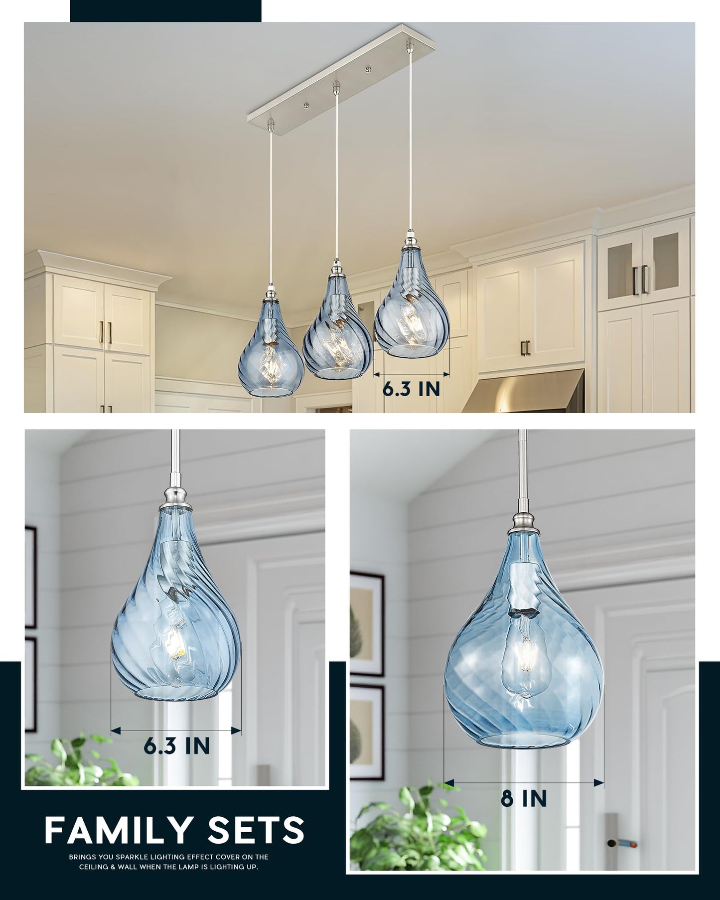 TENGXIN 2 Pack Kitchen Pendant Lighting Over Island 6 Inch,Hanging Pendants Light,Brushed Gold Finished Striped Glass Pendant Light,Farmhouse Pendant Light for Dining Room,Bedroom