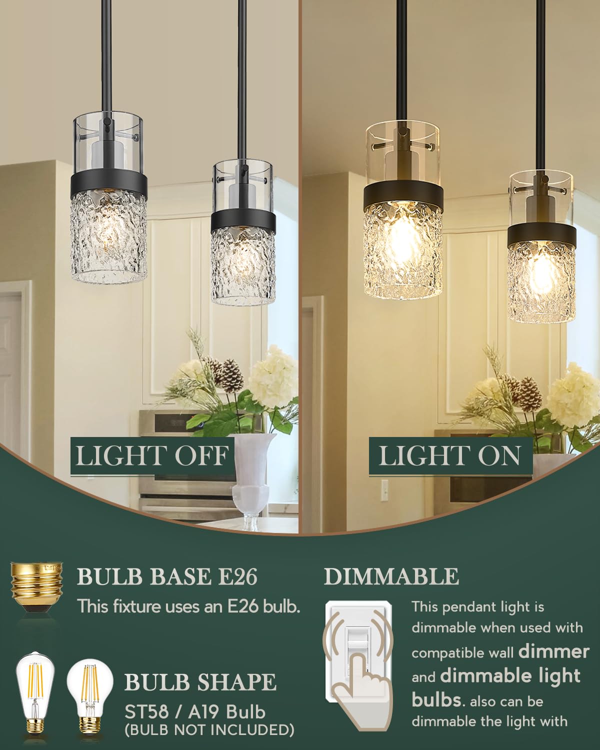 LMS 2-Pack Modern Matte Black Pendant Light, Adjustable Hanging Pendant Lighting with Hammered Glass, Tiltable Pendant Lighting for Kitchen Island, Bathroom, Bedroom, LMS-201