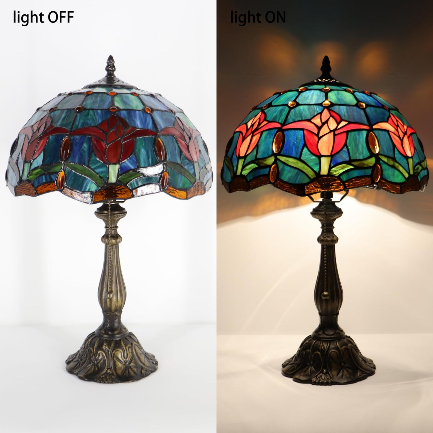 LXHCYOU Tiffany Lamp Stained Glass Table Lamp Bedside Reading Light W12H19 Inches (Tulip Style)