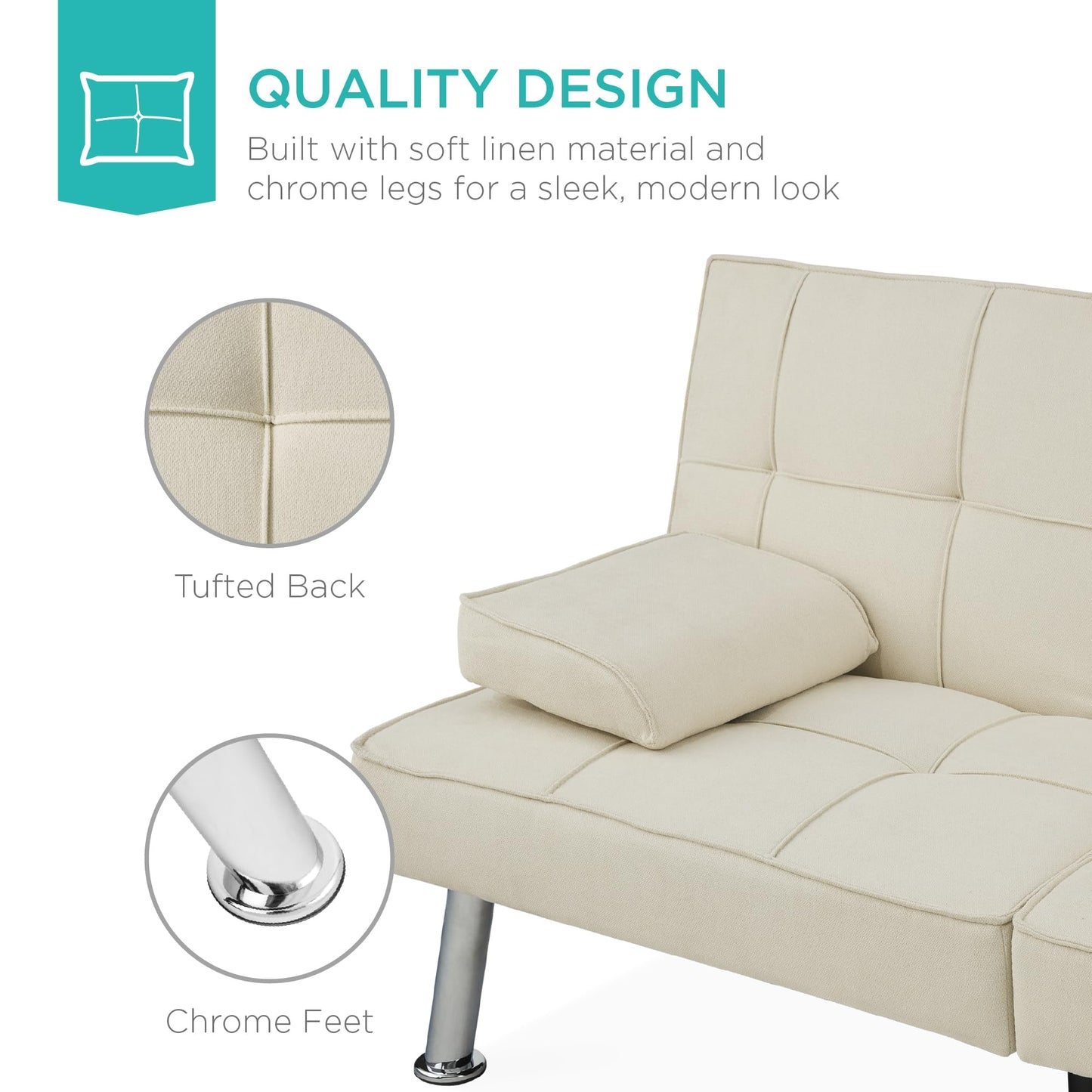 Best Choice Products Linen Modern Folding Futon, Reclining Sofa Bed for Apartment, Dorm w/Removable Armrests, 2 Cupholders - Ivory