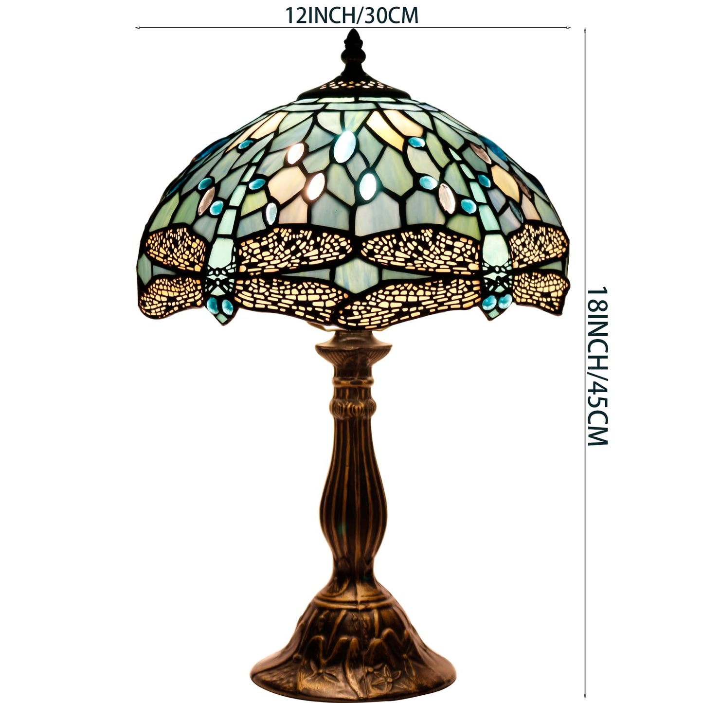 WERFACTORY Tiffany Lamp Sea Blue Stained Glass Table Lamp 12X12X18 Inches Dragonfly Style Desk Reading Light S147 Series