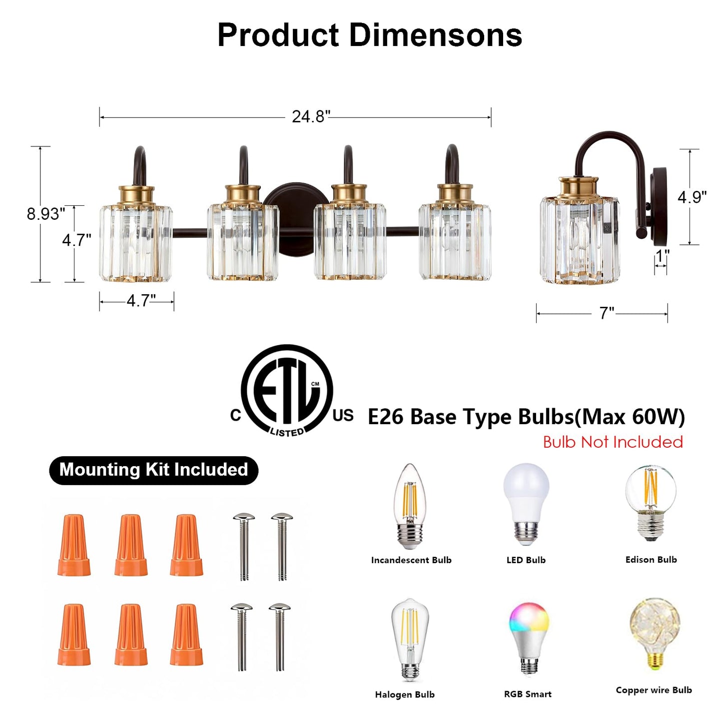 ALAISLYC ORB Bathroom Light Fixtures with K9 Crystal Lampshade Bathroom Lighting Over Mirror Vanity Lights for Living Room,Bedroom,Restroom,Hallway 4 Lights