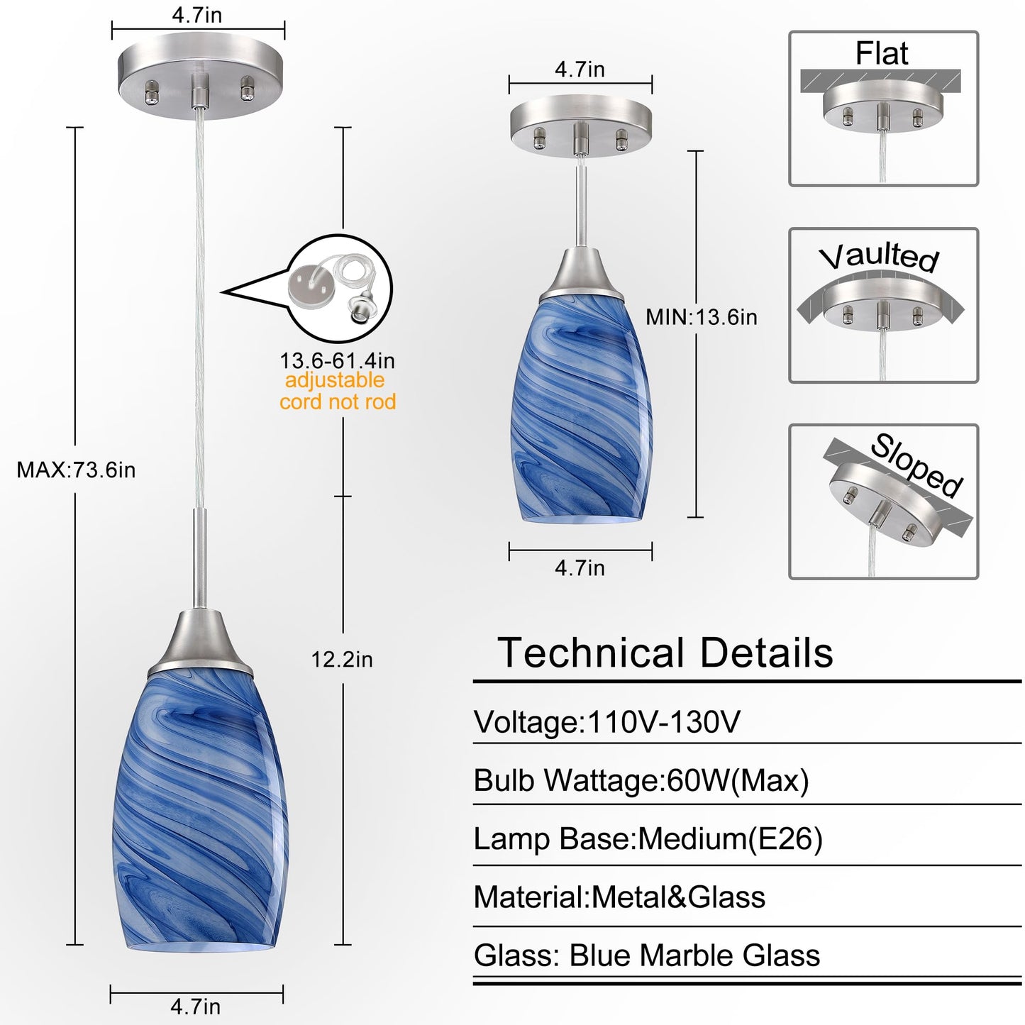 Viinew Glass Pendant Light with Handblown Dark Blue Marble Art Glass Shade Ceiling Light 3-Pack Mini Hanging Pendant Light for Kitchen Island,Dining Room,Living,Foyer,Hallway