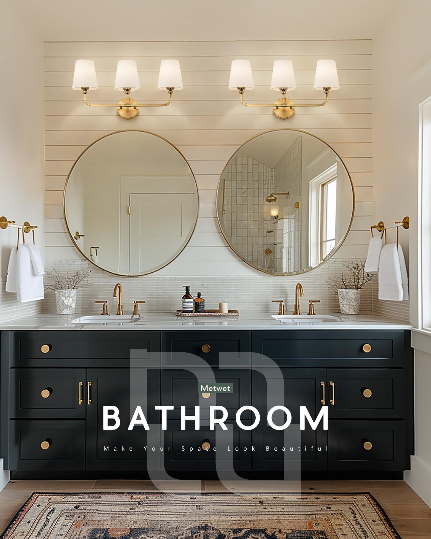METWET Bathroom Light Fixtures, Brushed Gold Vanity Lights with Flared White Fabric Shade, 3 Light Wall Sconce, Modern Sconces Wall Lighting for Hallway Bedroom, VL837-BG-3