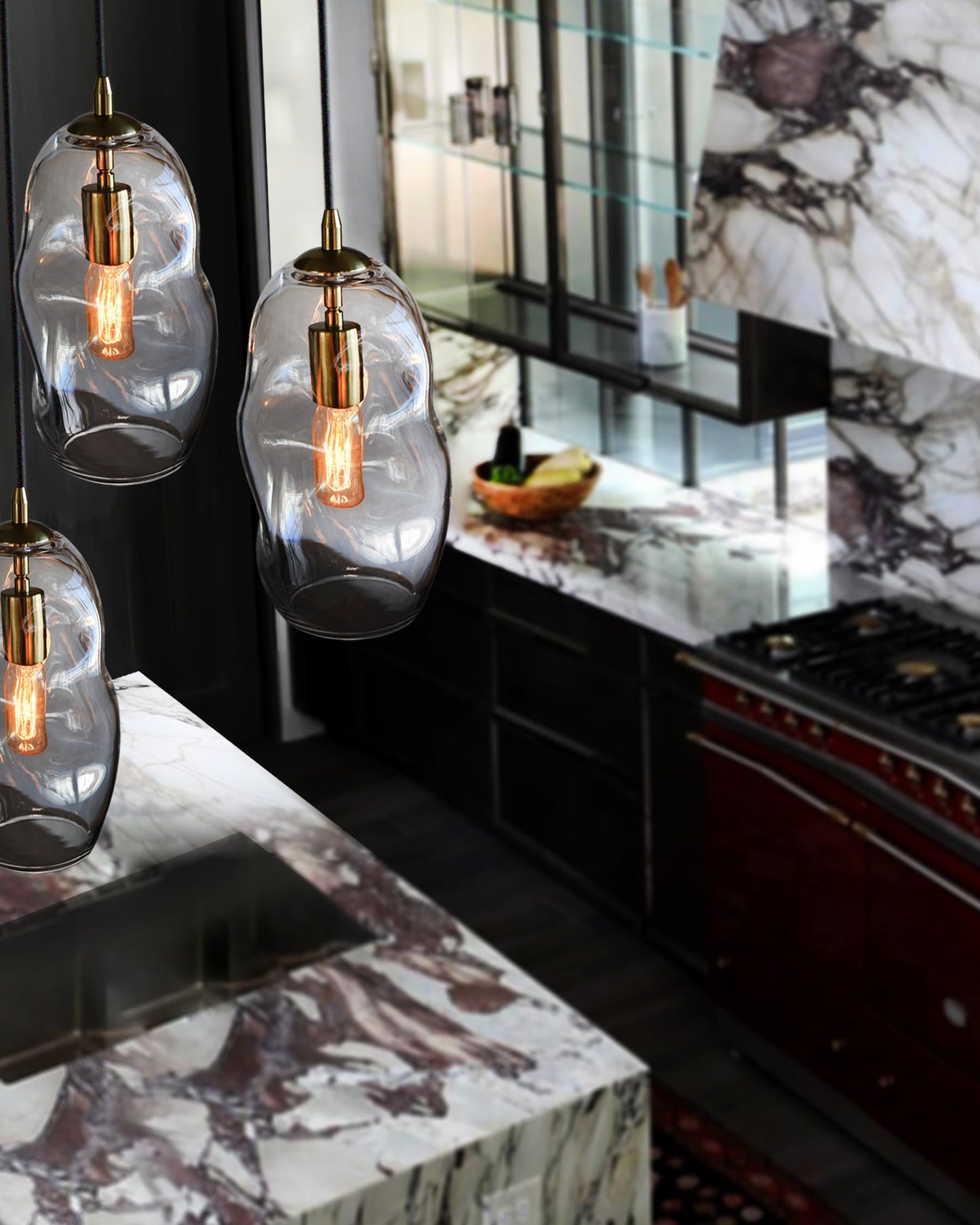 CASAMOTION Pendant Light Fixtures Glass Pendant Lights Kitchen Island Modern Gold Brass Kit Clear Organic Globe Bar Counter Dining Room Large Lamp Shade 12 Inch Height 1 Pack