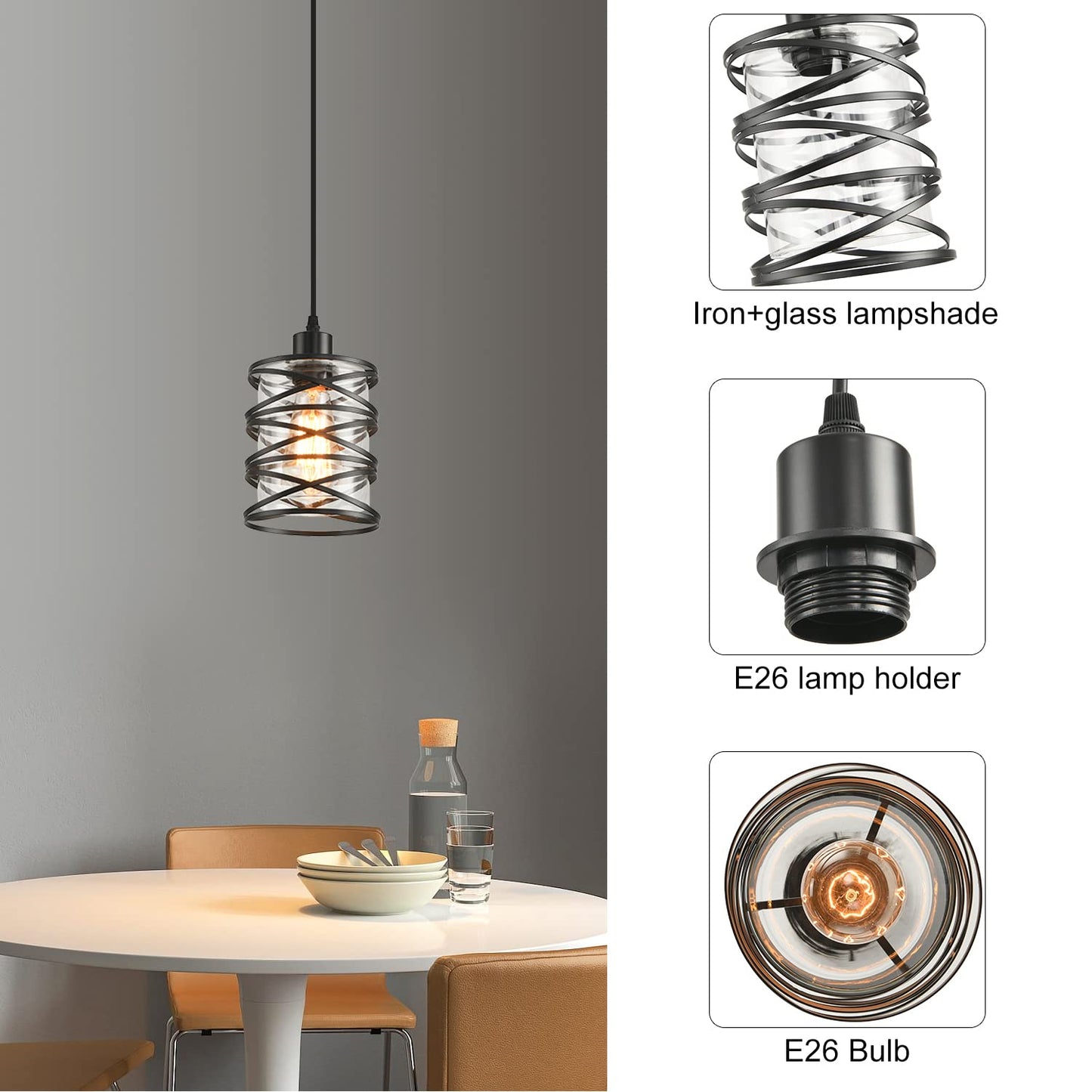 IHENGYANLT 3 Pack Pendant Light Kitchen Island Pendant Lighting, Glass Hanging Light with Spiral Cage Clear Glass Shade, Black Modern Indoor Hanging Lamp