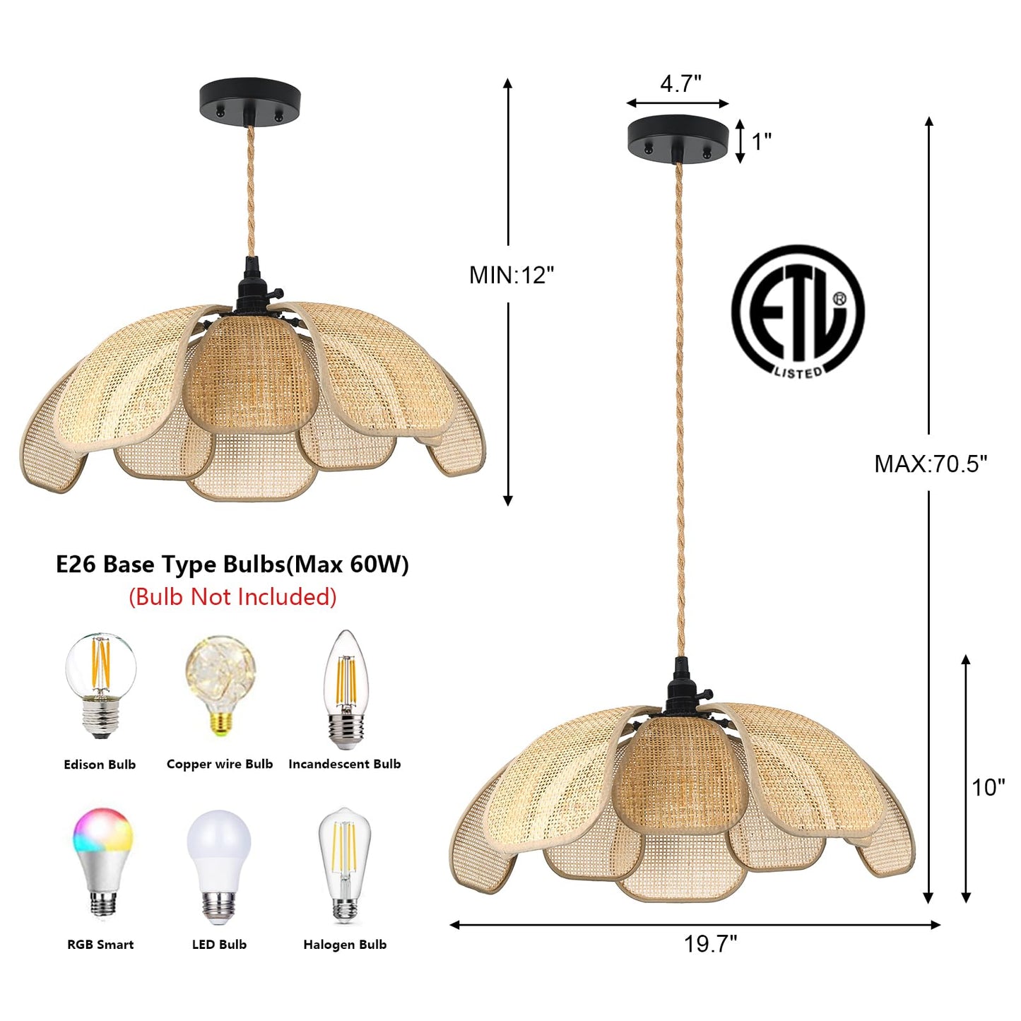 Boho 20 Inch Rattan Chandeliers Flower Hanging Lights Hemp Rope Flower Pendant Lights Handwoven Lampshade Ceiling Hanging Lamp Fixture for Bedroom Kitchen Island Dining Room Living Room