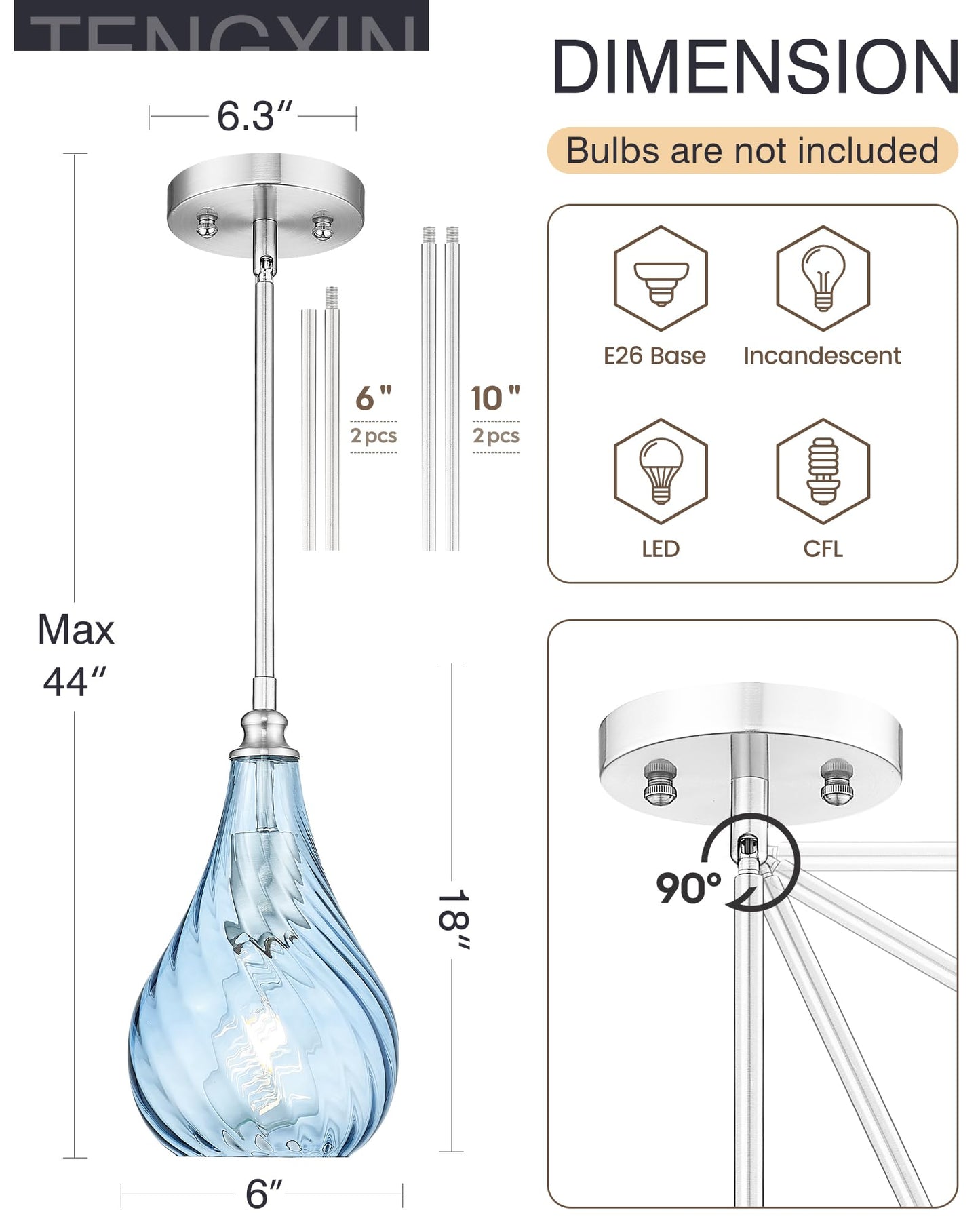 TENGXIN 2 Pack Kitchen Pendant Lighting Over Island 6 Inch,Hanging Pendants Light,Brushed Gold Finished Striped Glass Pendant Light,Farmhouse Pendant Light for Dining Room,Bedroom