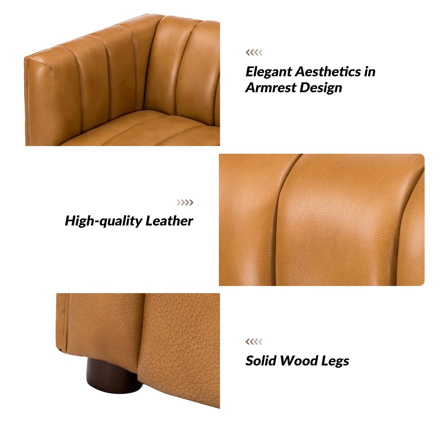 HULALA HOME 83" Genuine Leather Sofa, Sofa Leather for Living Room, 3 Seater Sofa Couch Top Layer Leather Large Sofa Furniture with Channel Tufted Seat Back & Square Arms (Camel)
