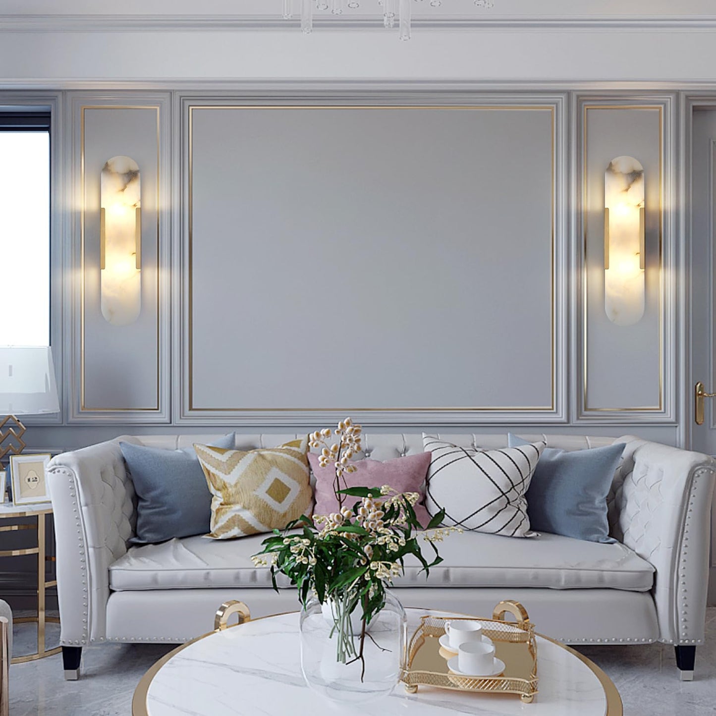 Sucelating 19.7 in Brass Alabaster Wall Sconces, Natural Marble Wall Sconces Indoor Alabaster Sconces for Living Room Modern Alabaster Sconces Wall Lighting for Dining Room Stairs Bedroom