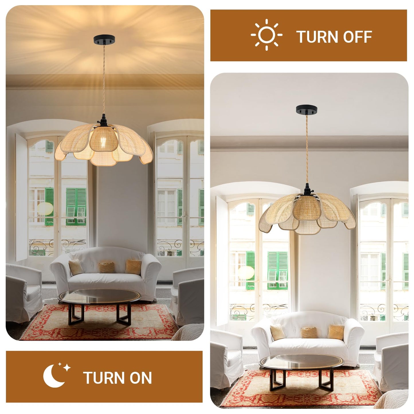 Boho 20 Inch Rattan Chandeliers Flower Hanging Lights Hemp Rope Flower Pendant Lights Handwoven Lampshade Ceiling Hanging Lamp Fixture for Bedroom Kitchen Island Dining Room Living Room