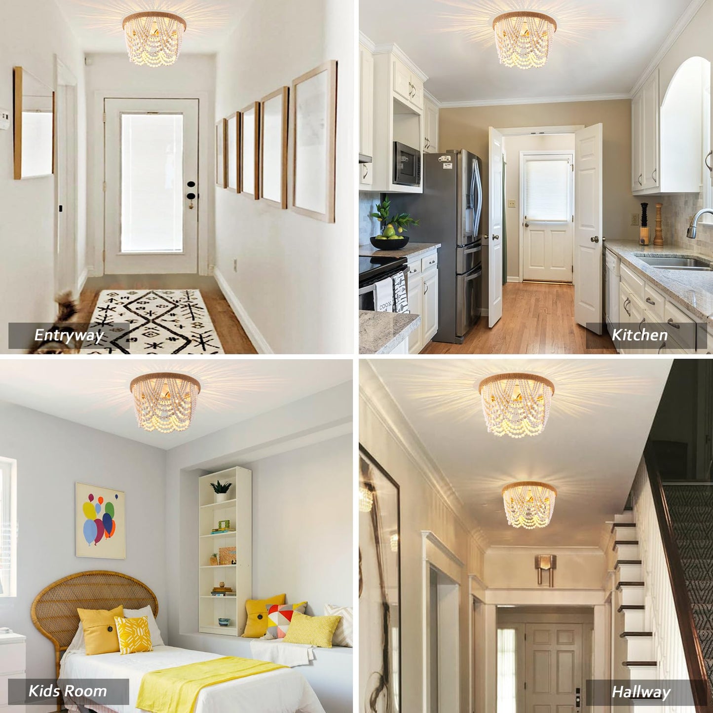 Capslpad Wood Beaded Flush Mount Ceiling Light Antique Rustic Mini Chandelier 3-Light White Boho Light Fixture for Dining Room,Nursery Room,Bedroom,Girl Room,Hallway,Entryway,Passway