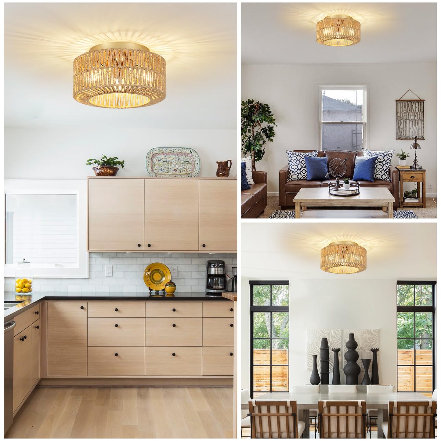 PAUFUL Boho Light Fixtures, 3-Light Farmhouse Rattan Ceiling Light, Flush Mount with Hand-Woven Shade, Modern Chandelier for Living, Bedroom, Entryway, Kitchen, Nursery