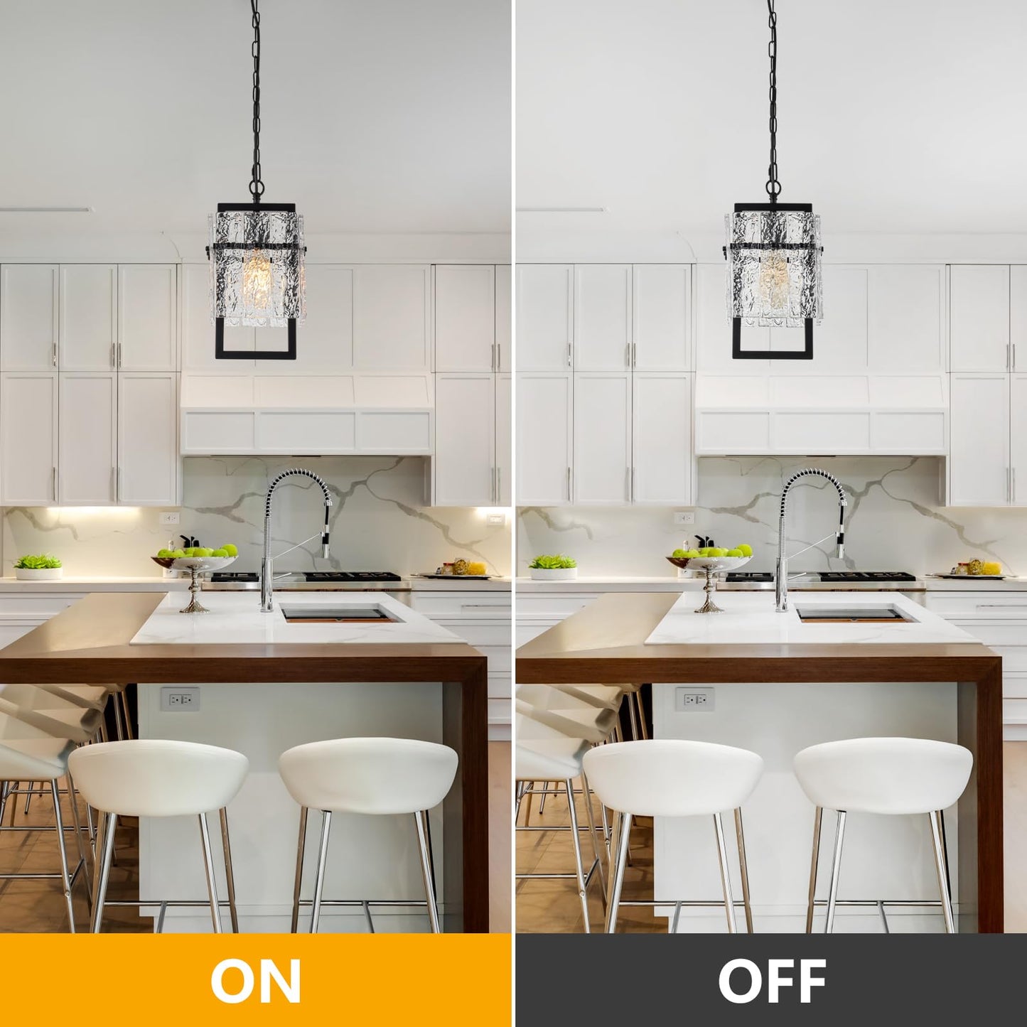 Modern Black Pendant Lights Kitchen Island, Crystal Kitchen Island Lighting with Water Ripple Glass Pendant Light Fixtures Elegant Chandeliers for Dining Room Hallway, Height Adjustable UL Listed