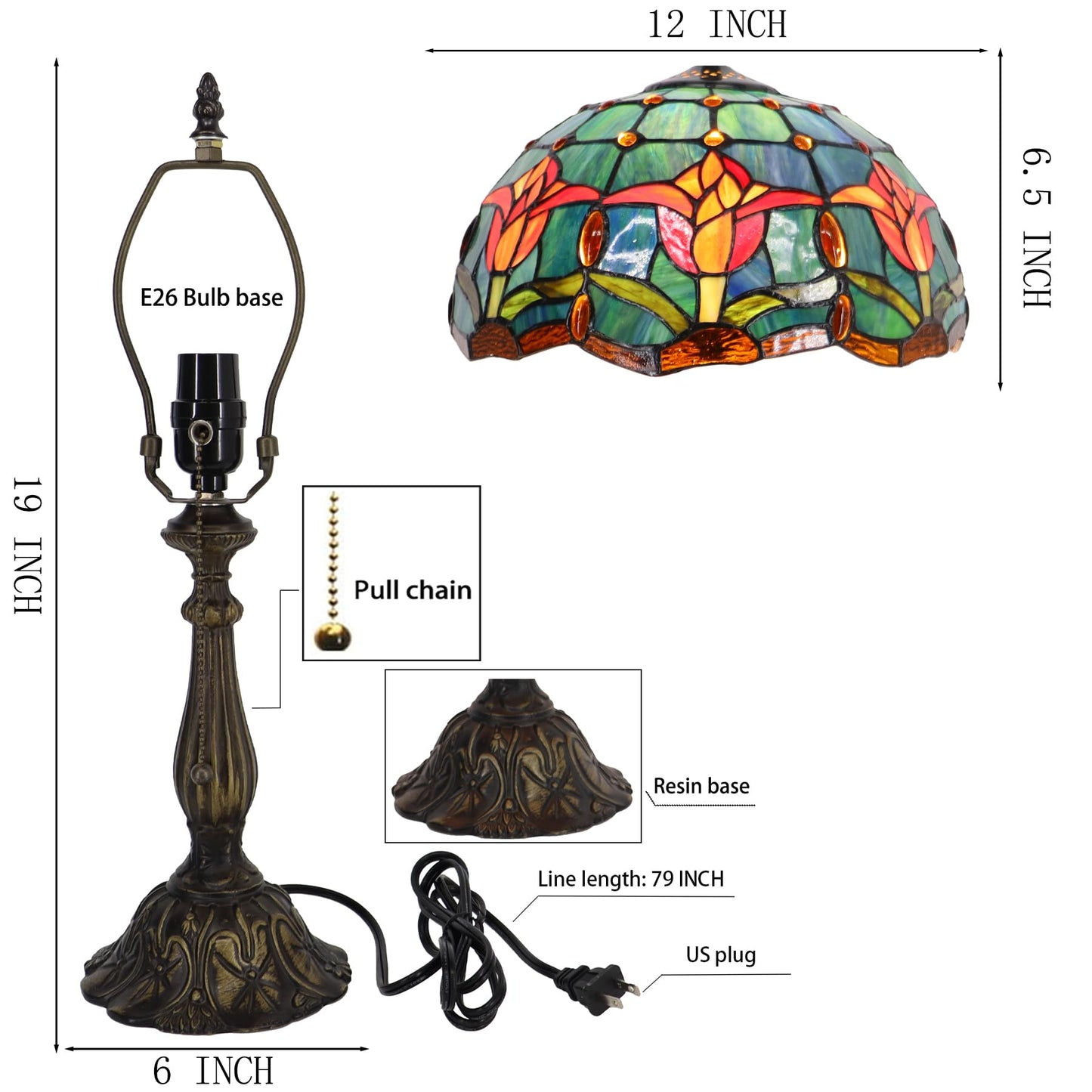 LXHCYOU Tiffany Lamp Stained Glass Table Lamp Bedside Reading Light W12H19 Inches (Tulip Style)