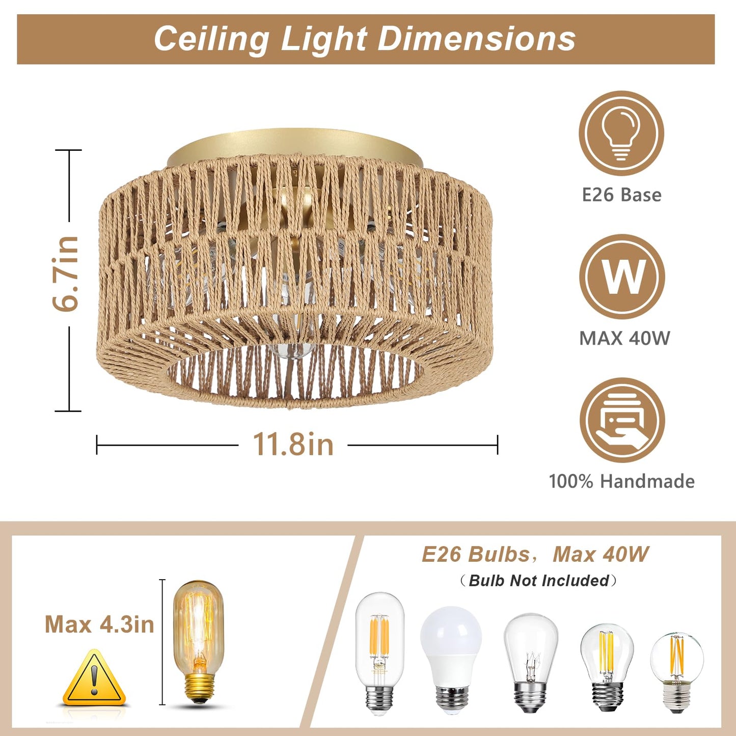 PAUFUL Boho Light Fixtures, 3-Light Farmhouse Rattan Ceiling Light, Flush Mount with Hand-Woven Shade, Modern Chandelier for Living, Bedroom, Entryway, Kitchen, Nursery