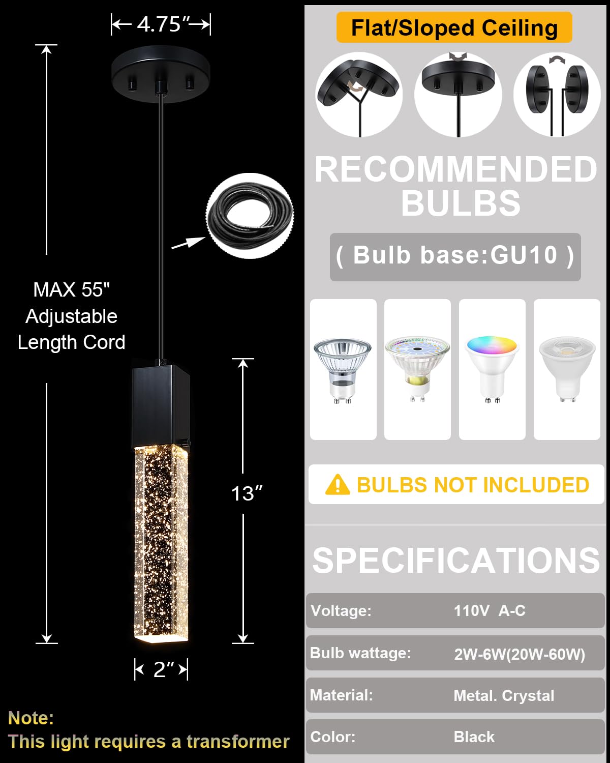 SEENMING HOUSE Mini Integrated Hanging Crystal Kitchen Island Modern Concise Pendant Ceiling Light Fixture,for Kitchen Island Dining Room Bedroom Hallway(Black, 3 Pack)