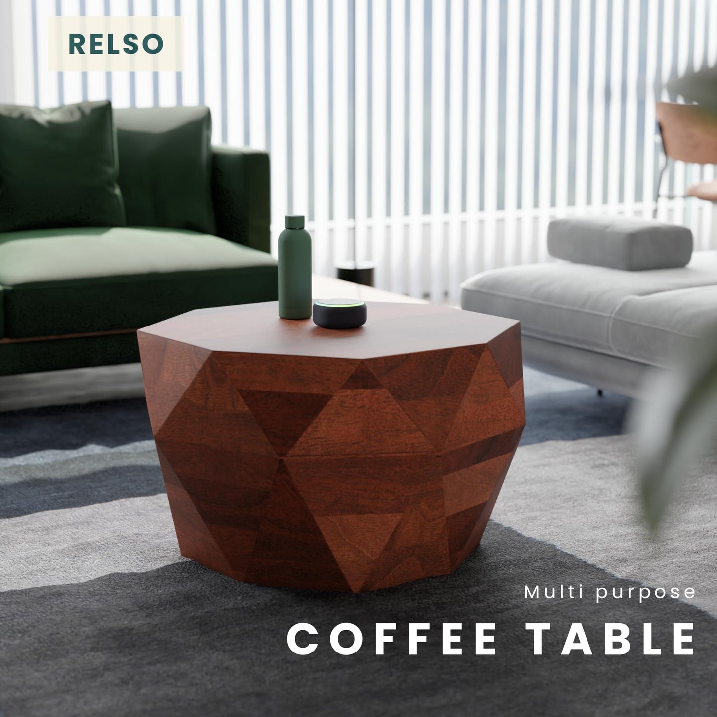 Octavian Coffee Table -Solid Wood Round Drum Center Table for Living Room with Geometric Faceted Design - Walnut Finish Center Table, Modern Decor, Farmhouse Coffee Table - No Assembly Required
