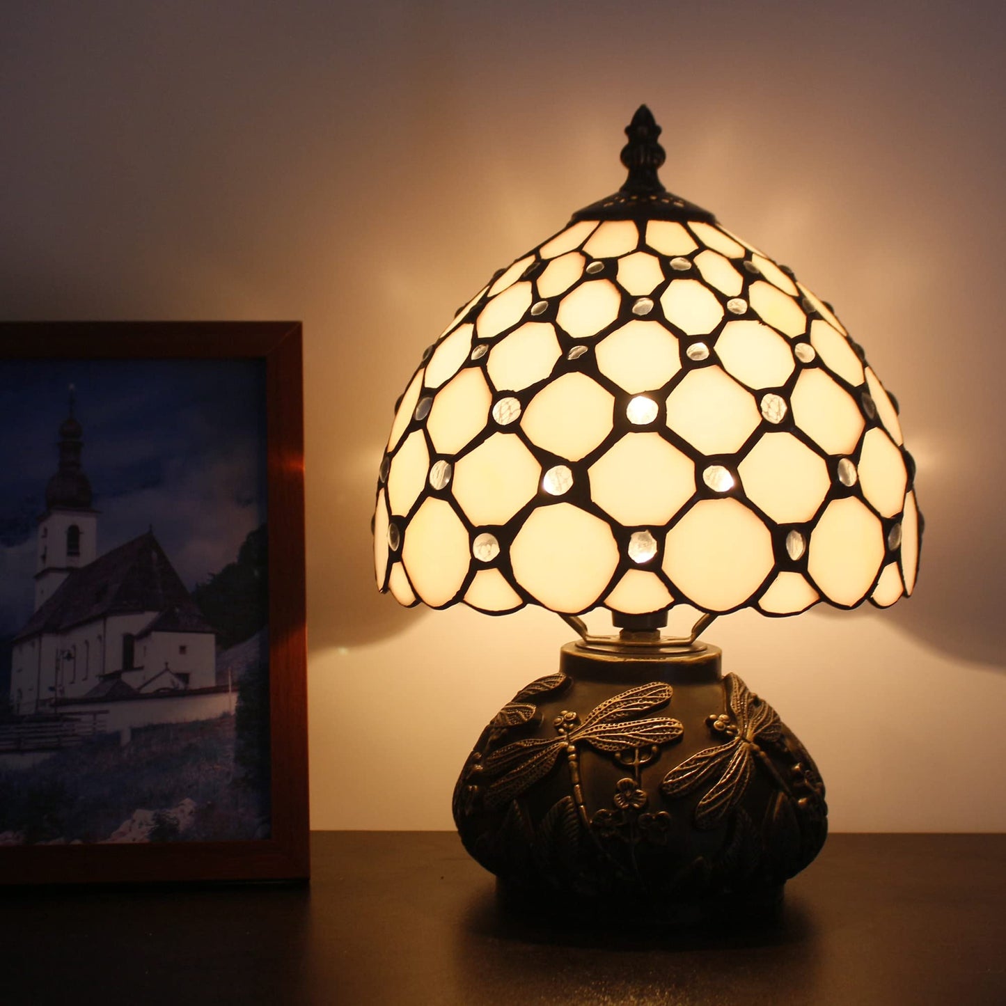 Small Tiffany Lamp Mini Stained Glass Table Lamp Cream Pearl Beads Style Mushroom Desk Light Memory Sympathy Lamp 8X11 Inch
