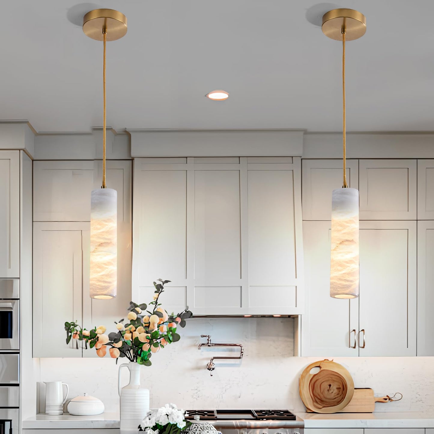 eccuslon Natural Alabaster Pendant Lights for Kitchen Island Alabaster Chandelier Marble Shade Brass Cone Lighting Fixtures White Marble Long Tube for Bedroom Dining Room Living Room 2pack