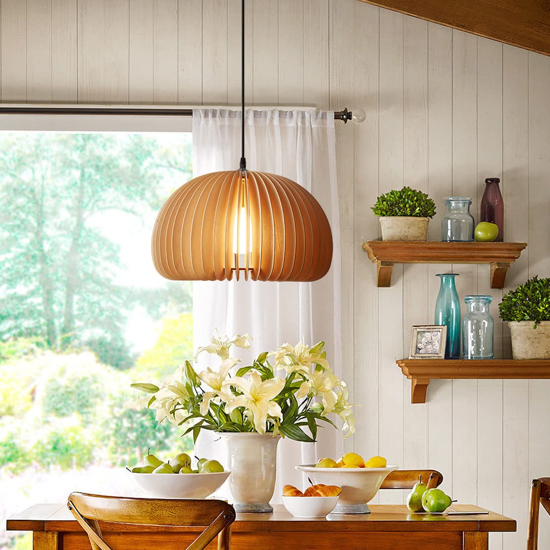 Flyrose Industrial Farmhouse Wood Pendant Lights Kitchen Island Boho Rattan Chandelier Japanese Pendant Lighting Large Dome Pendant Light Retro Dining Room Light Fixture