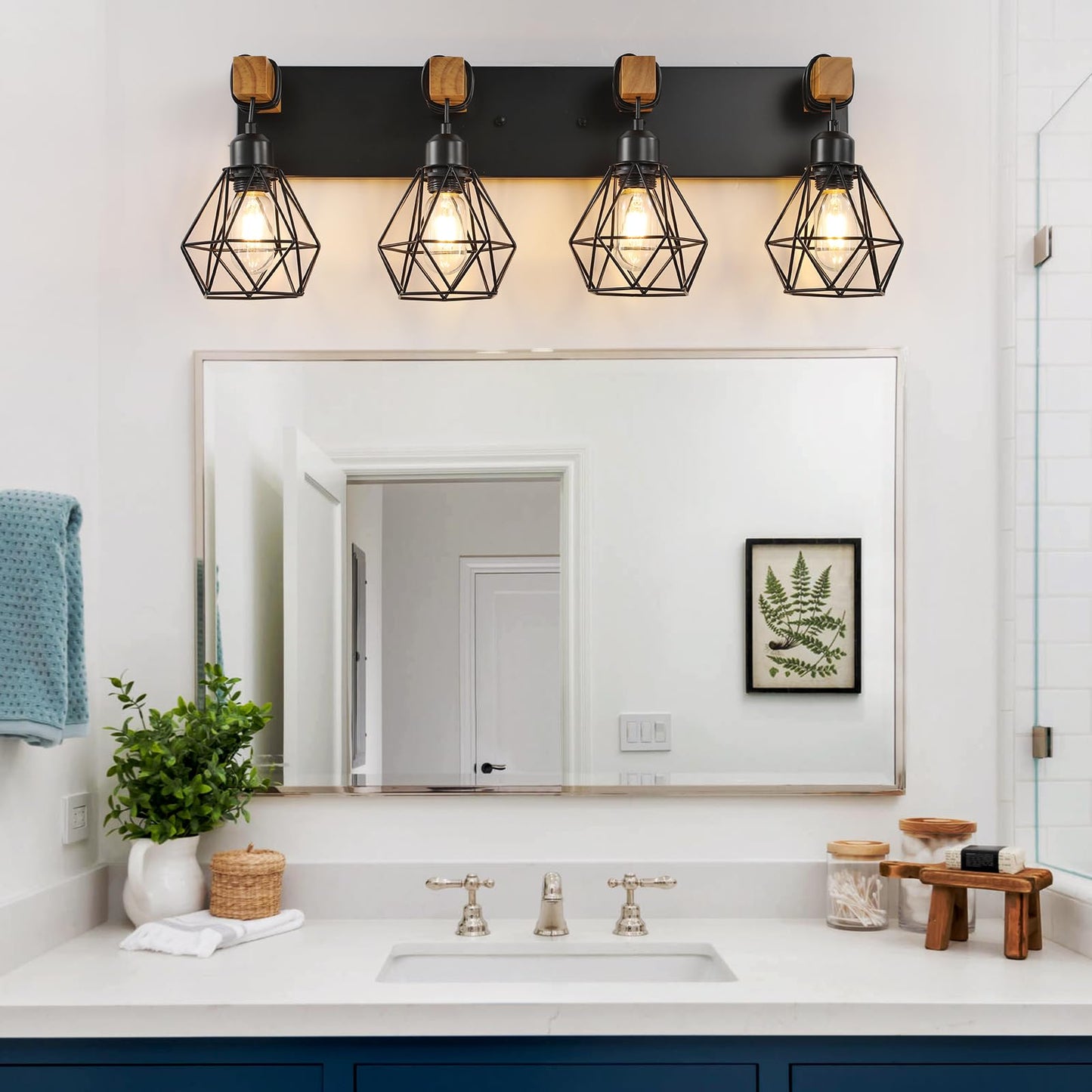 4 Light Farmhouse Vanity Light for Bathroom, Wood Bathroom Vanity Light Fixtures Over Mirror, Rustic Sconces Wall Lighting with Metal Lampshade for Living Room, Bedroom, Hallway