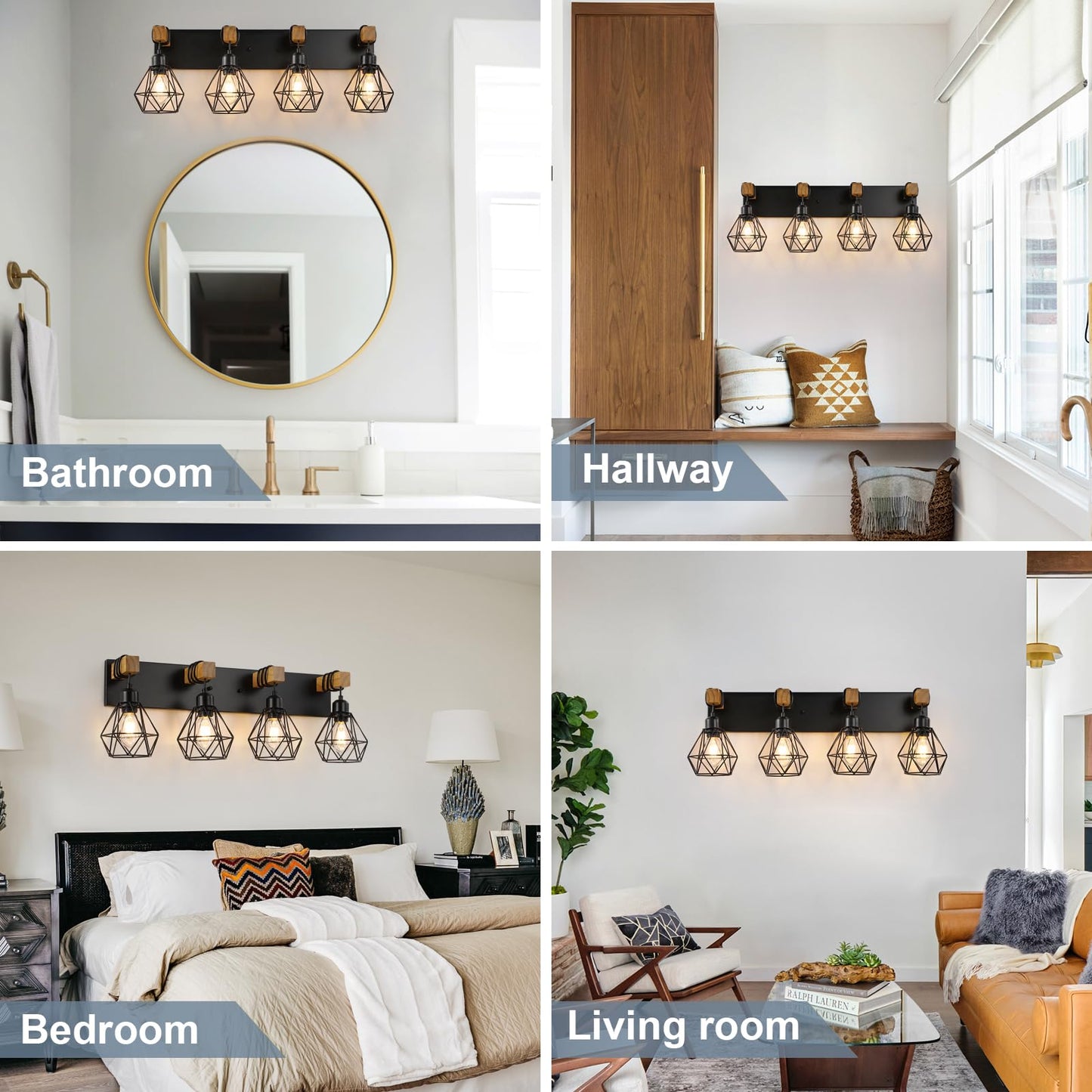 4 Light Farmhouse Vanity Light for Bathroom, Wood Bathroom Vanity Light Fixtures Over Mirror, Rustic Sconces Wall Lighting with Metal Lampshade for Living Room, Bedroom, Hallway