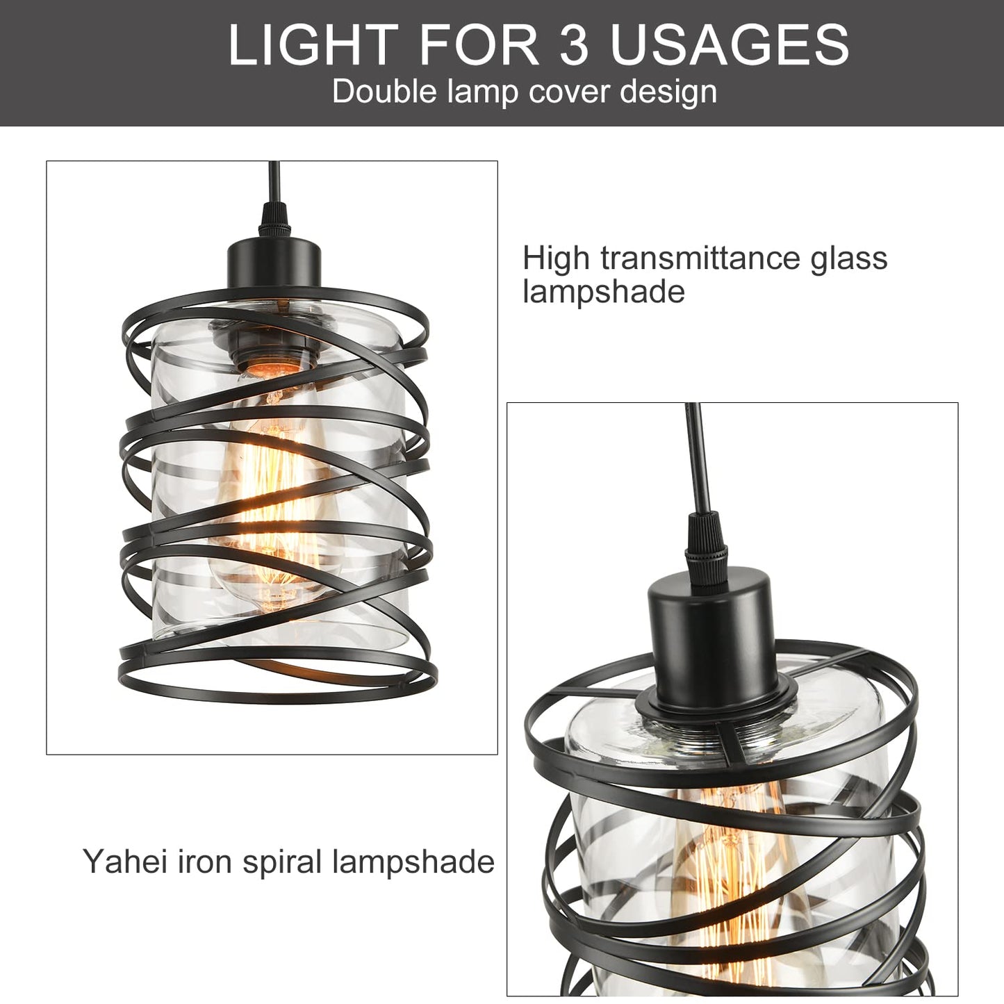 IHENGYANLT 3 Pack Pendant Light Kitchen Island Pendant Lighting, Glass Hanging Light with Spiral Cage Clear Glass Shade, Black Modern Indoor Hanging Lamp