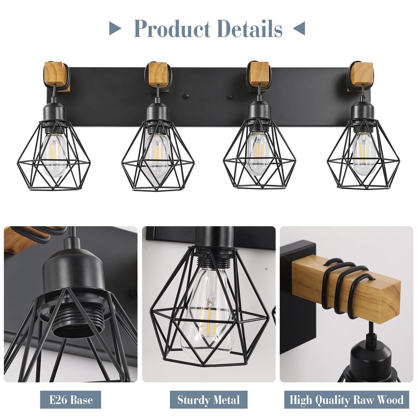 4 Light Farmhouse Vanity Light for Bathroom, Wood Bathroom Vanity Light Fixtures Over Mirror, Rustic Sconces Wall Lighting with Metal Lampshade for Living Room, Bedroom, Hallway